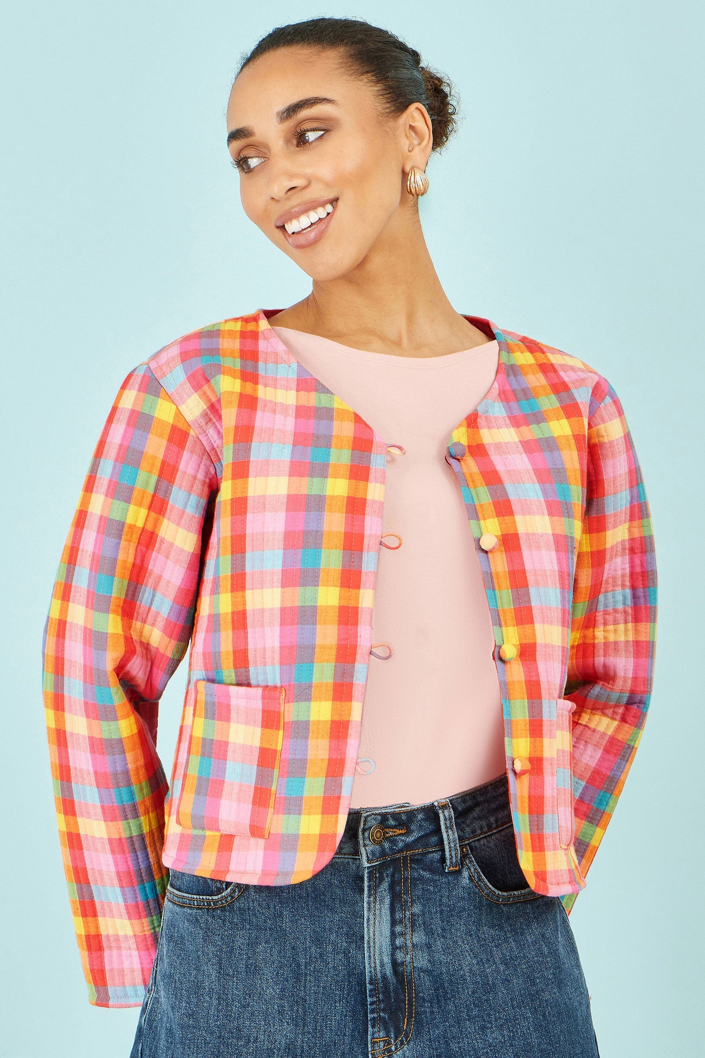 Multicolour Checked Reversible Cotton Quilted Jacket