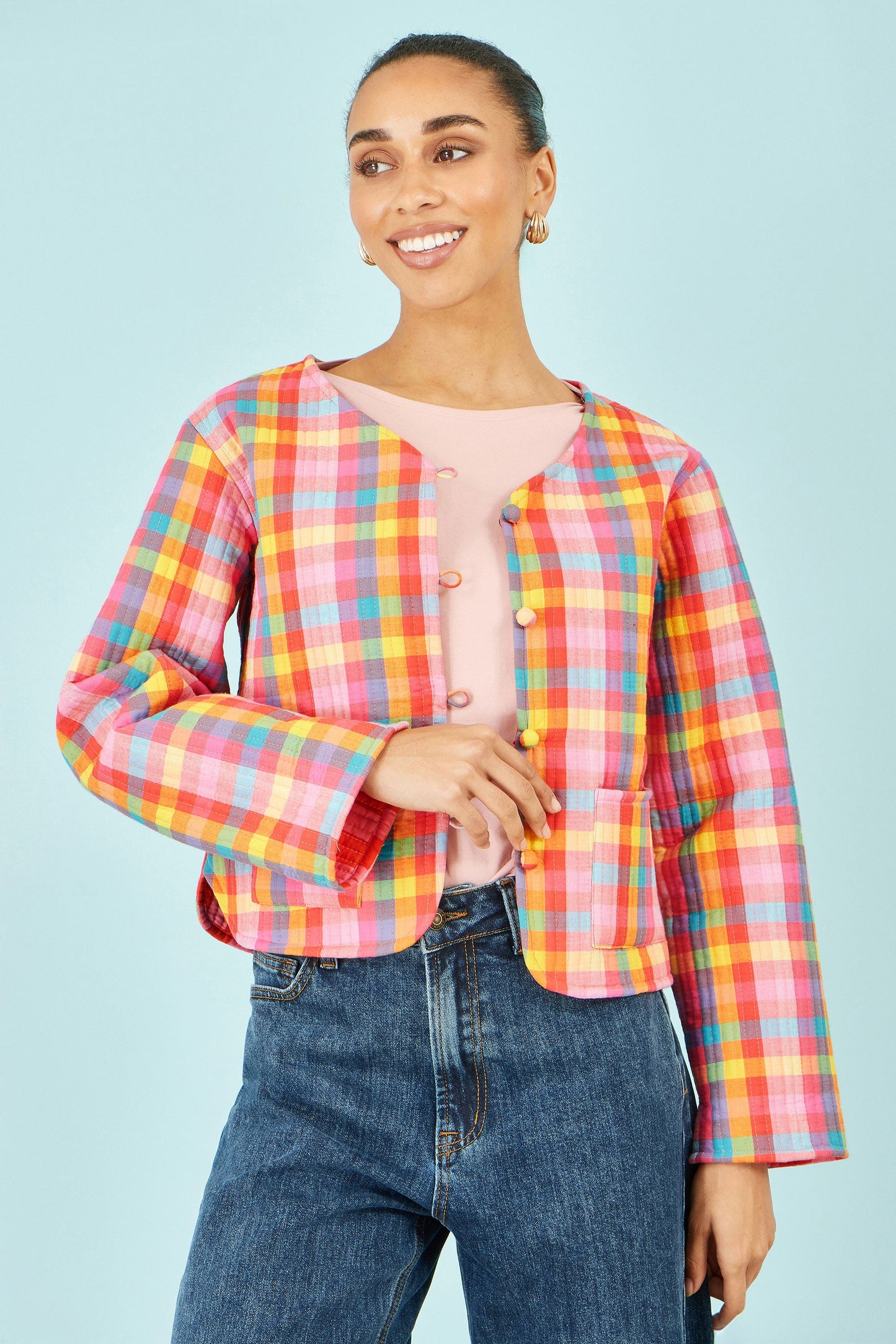 Multicolour Checked Reversible Cotton Quilted Jacket