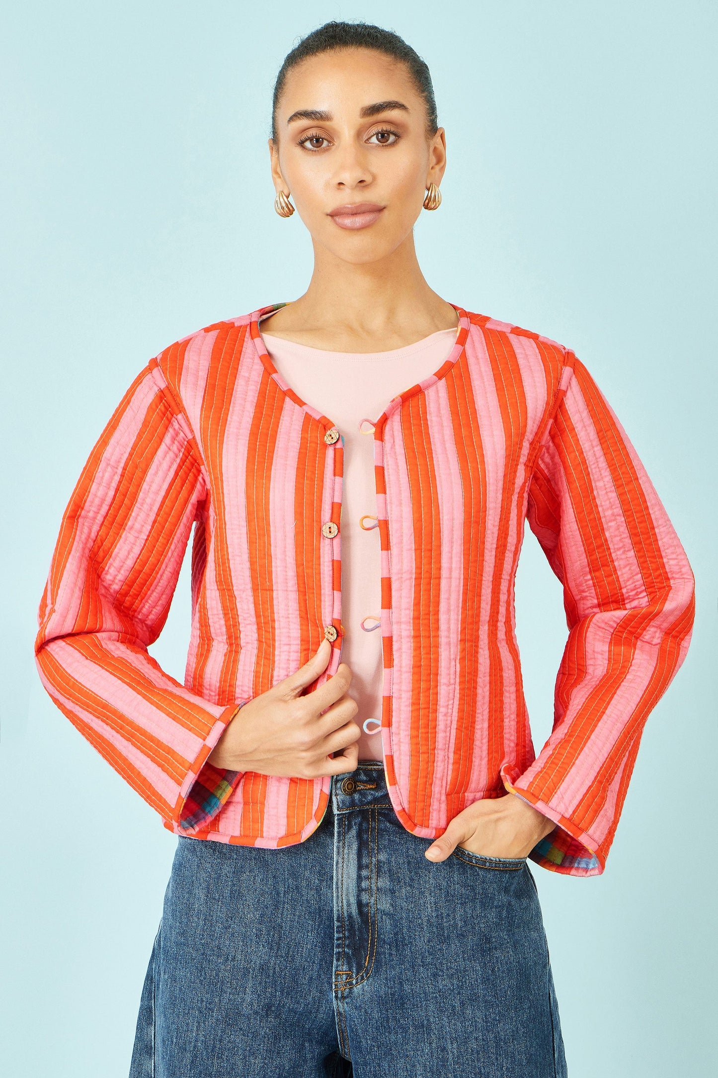 Multicolour Checked Reversible Cotton Quilted Jacket