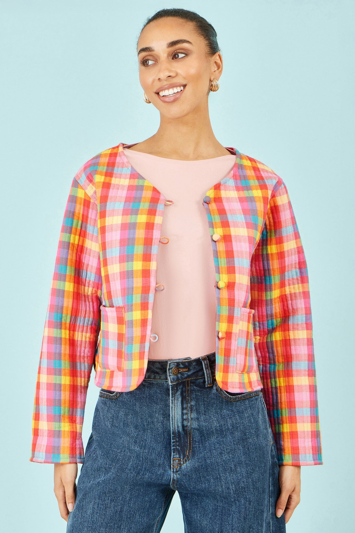 Multicolour Checked Reversible Cotton Quilted Jacket
