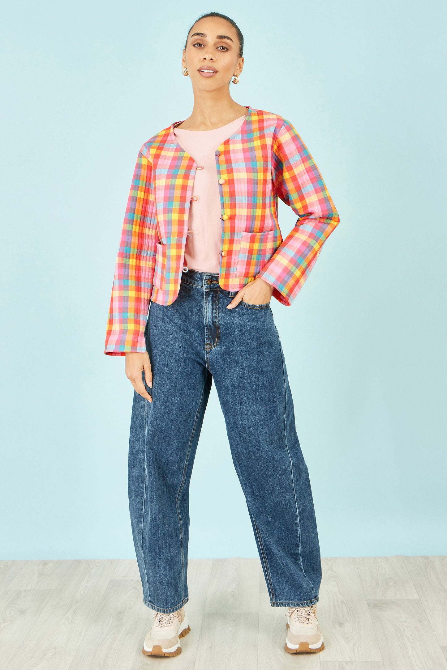 Multicolour Checked Reversible Cotton Quilted Jacket