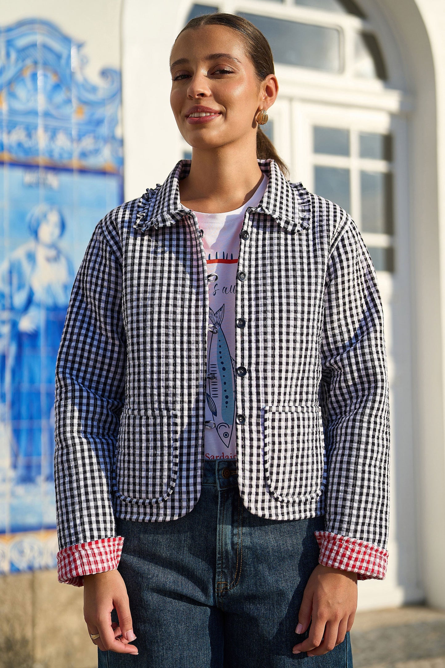 Black Gingham Frill Collar Jacket