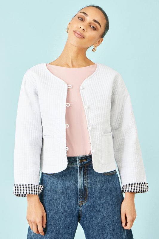 White Gingham Reversible Cotton Quilted Cropped Jacket