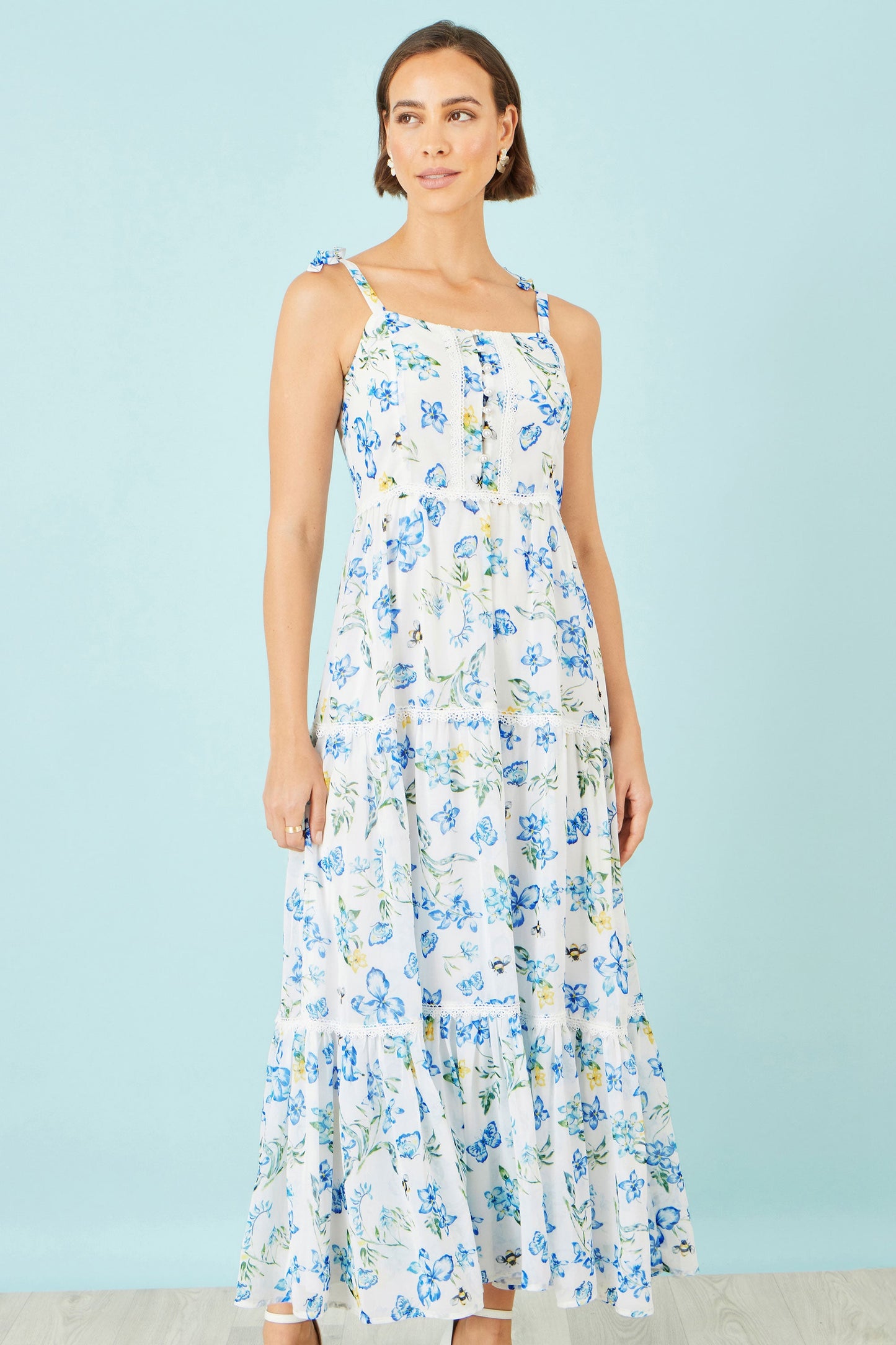 White Butterfly Print Lace Trim Maxi Dress