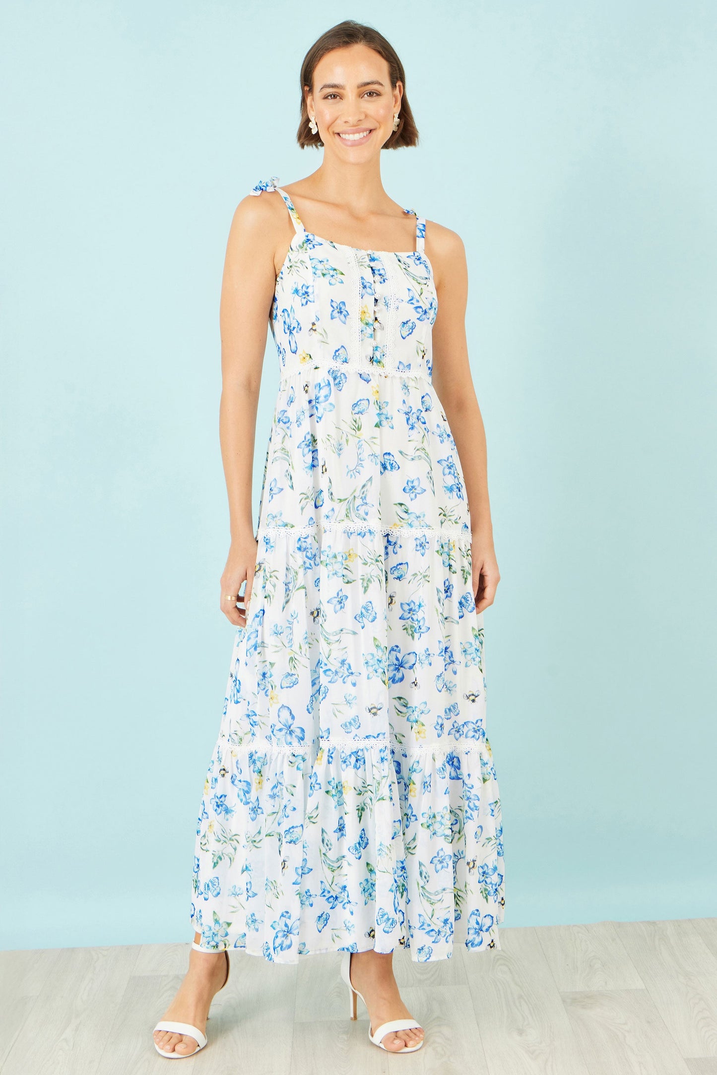 White Butterfly Print Lace Trim Maxi Dress