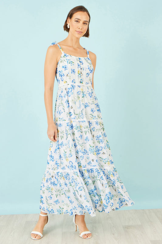 White Butterfly Print Lace Trim Maxi Dress