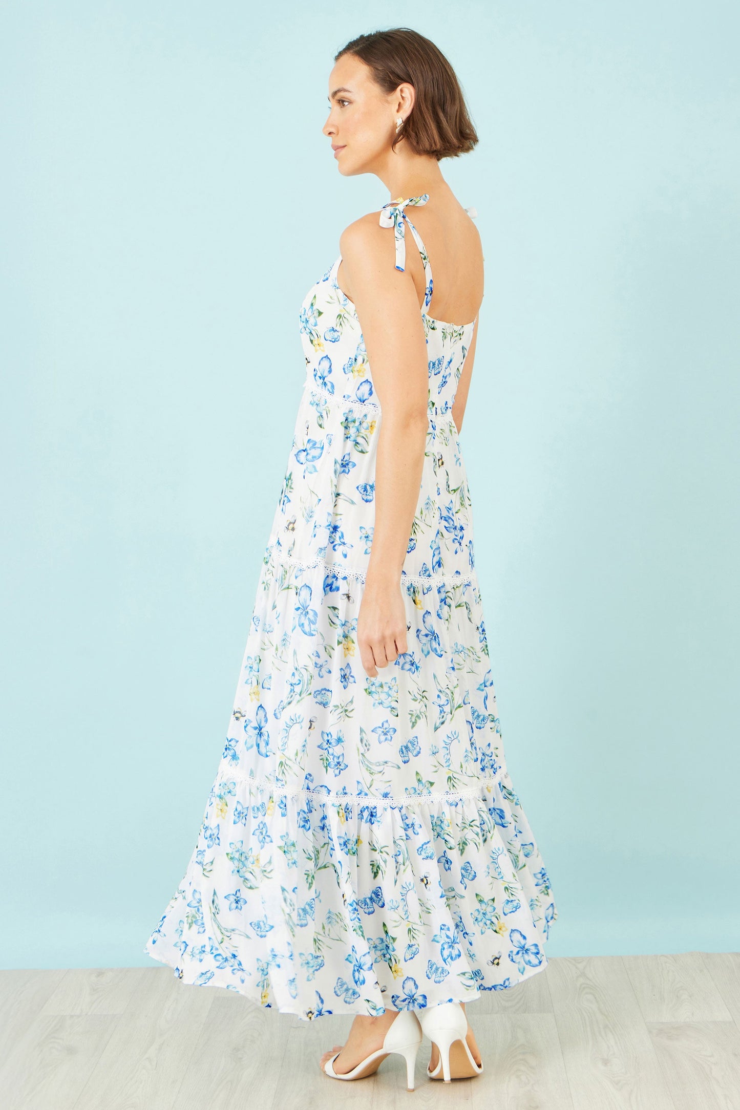 White Butterfly Print Lace Trim Maxi Dress