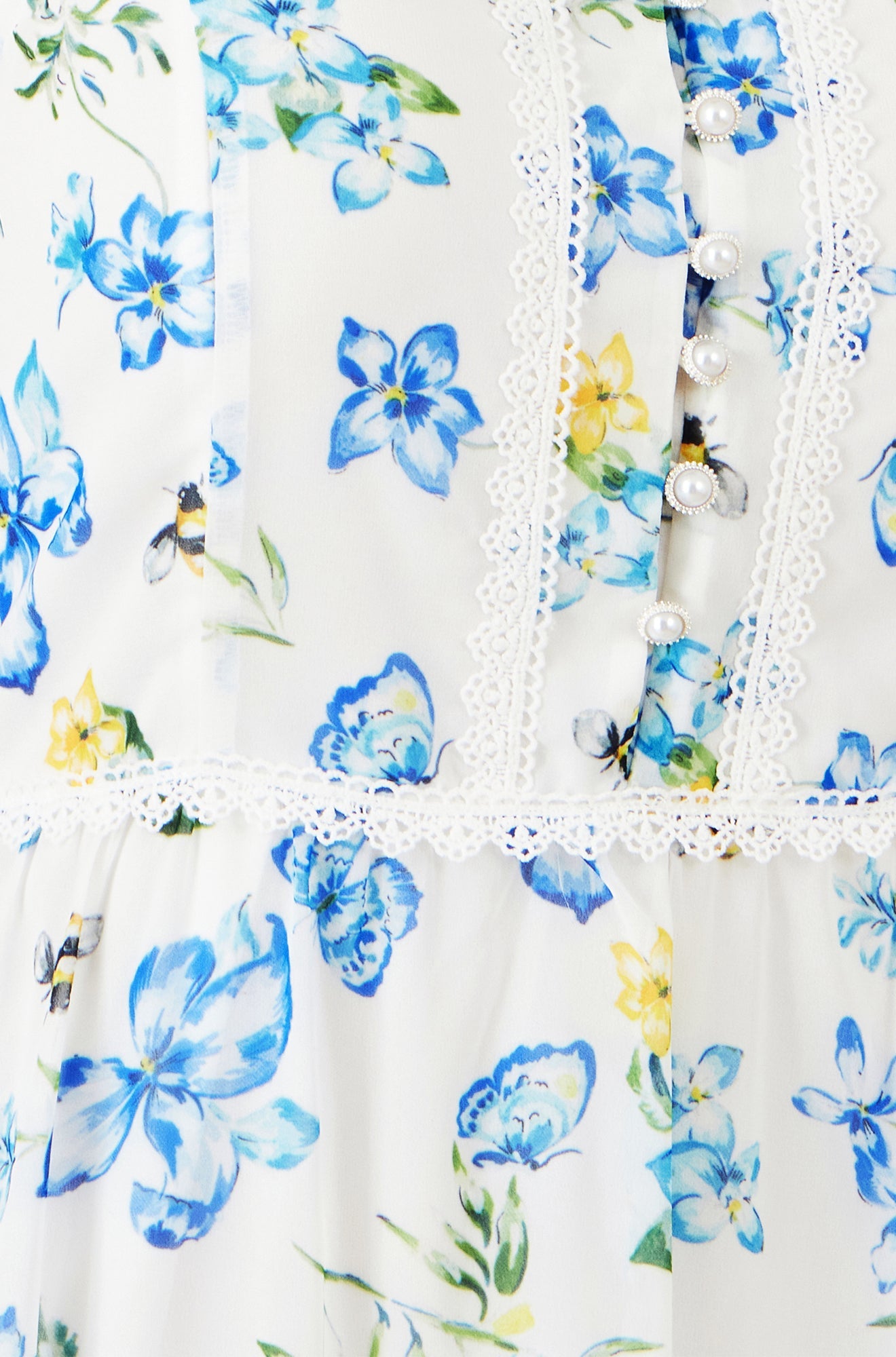 White Butterfly Print Lace Trim Maxi Dress
