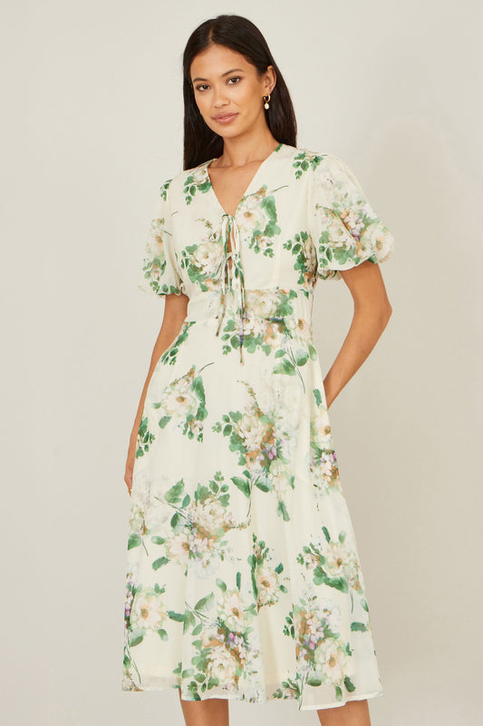 Ivory Floral Tea Dress With Front Ties
