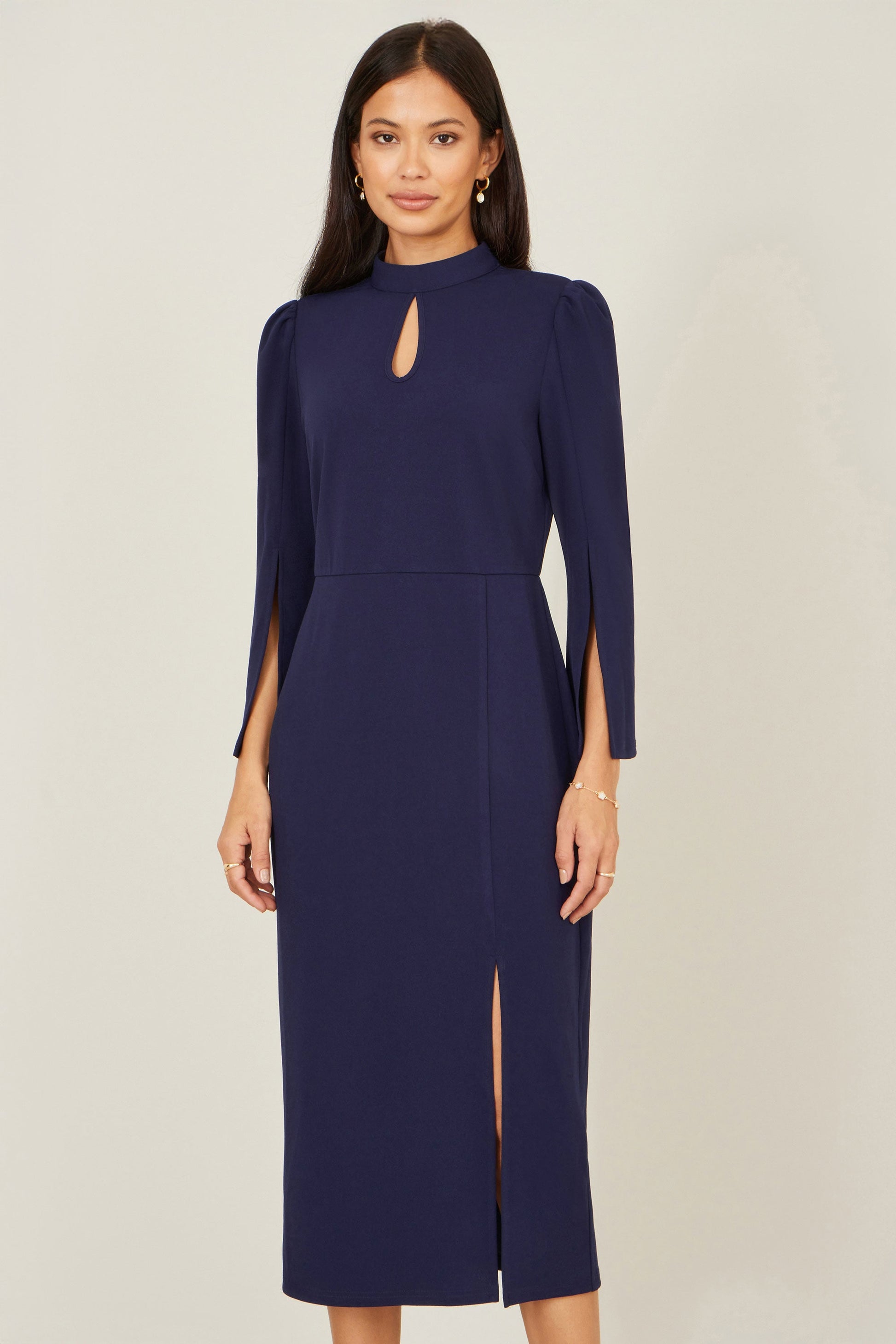 Navy Fitted Midi Dress With Flute Sleeves