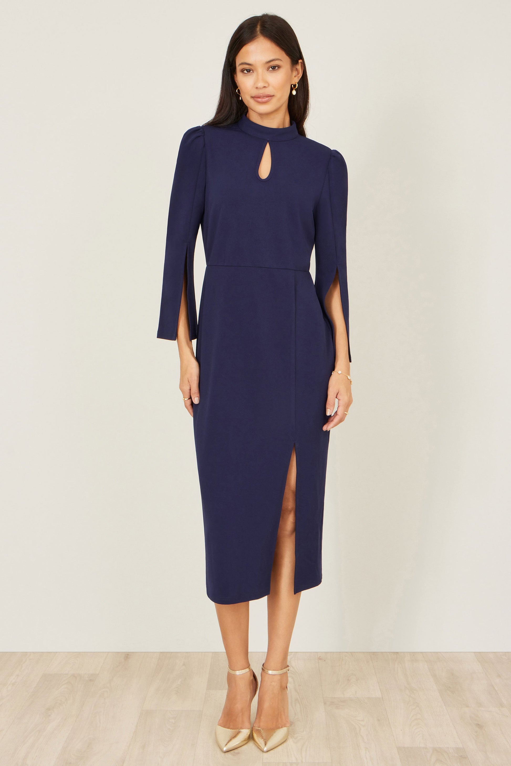 Navy Fitted Midi Dress With Flute Sleeves | JoJo's Fashion House Navy Fitted Midi Dress With Flute Sleeves | JoJo's Fashion House