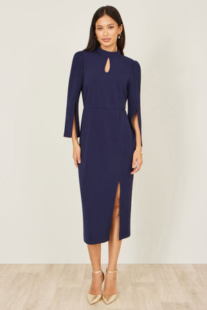 Navy Fitted Midi Dress With Flute Sleeves