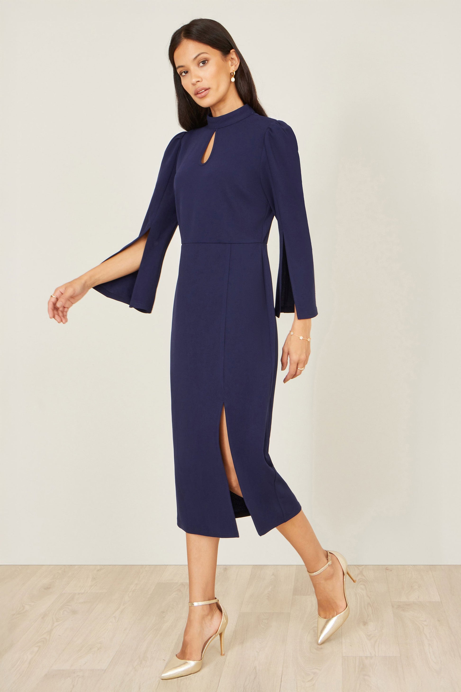 Navy Fitted Midi Dress With Flute Sleeves
