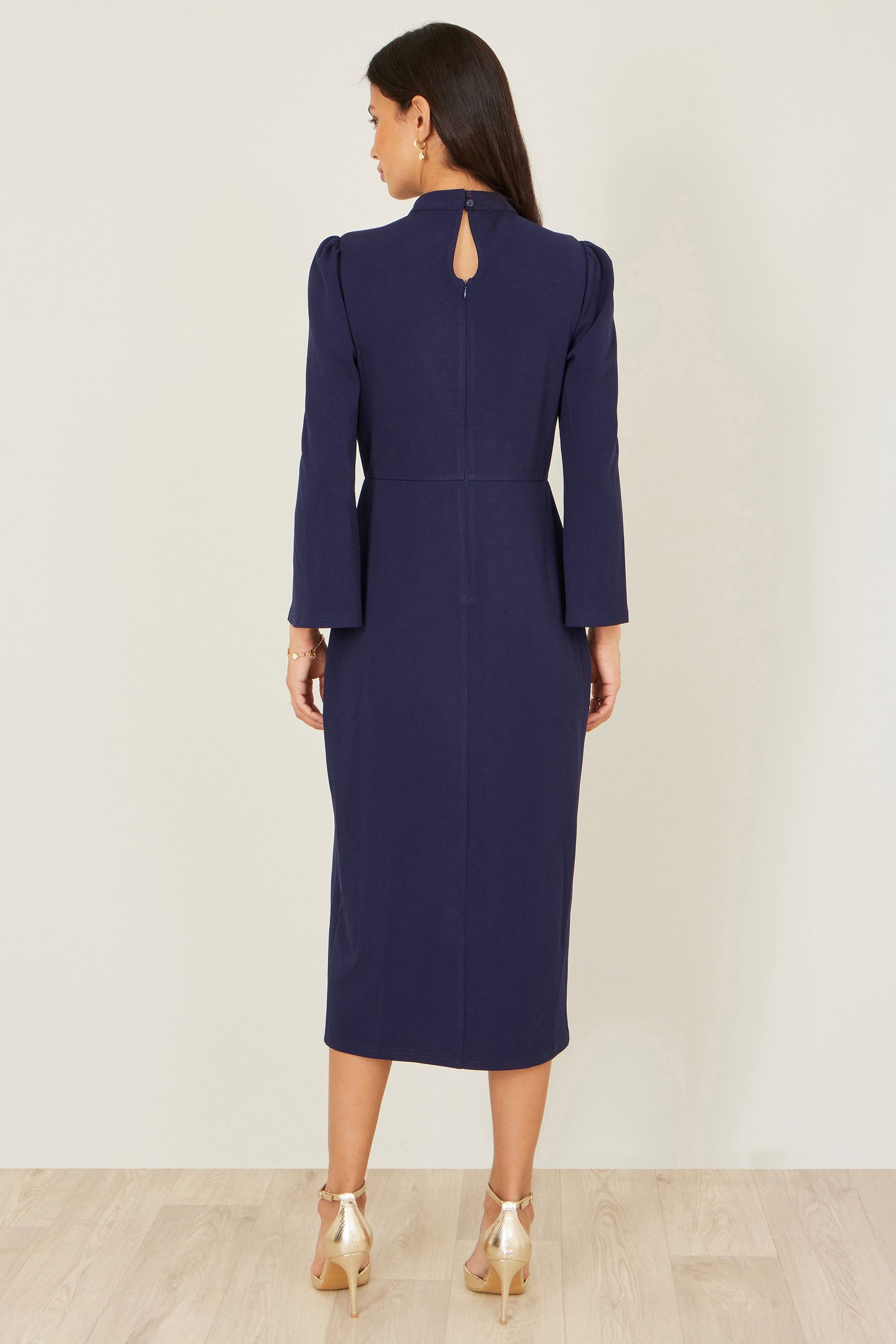 Navy Fitted Midi Dress With Flute Sleeves