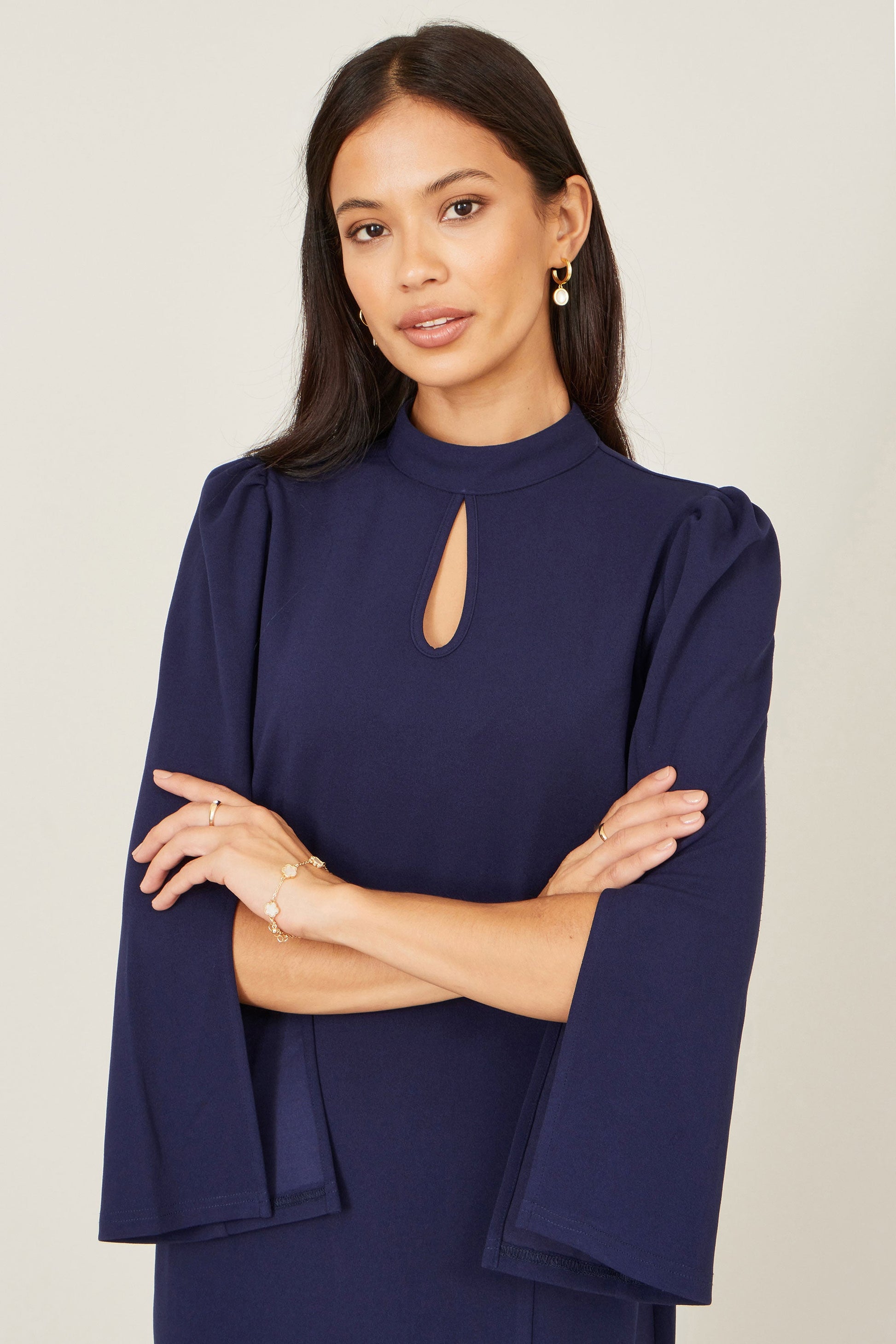 Navy Fitted Midi Dress With Flute Sleeves