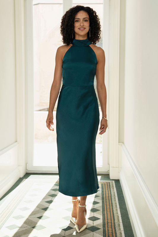 Green Satin Halter Neck Midi Dress