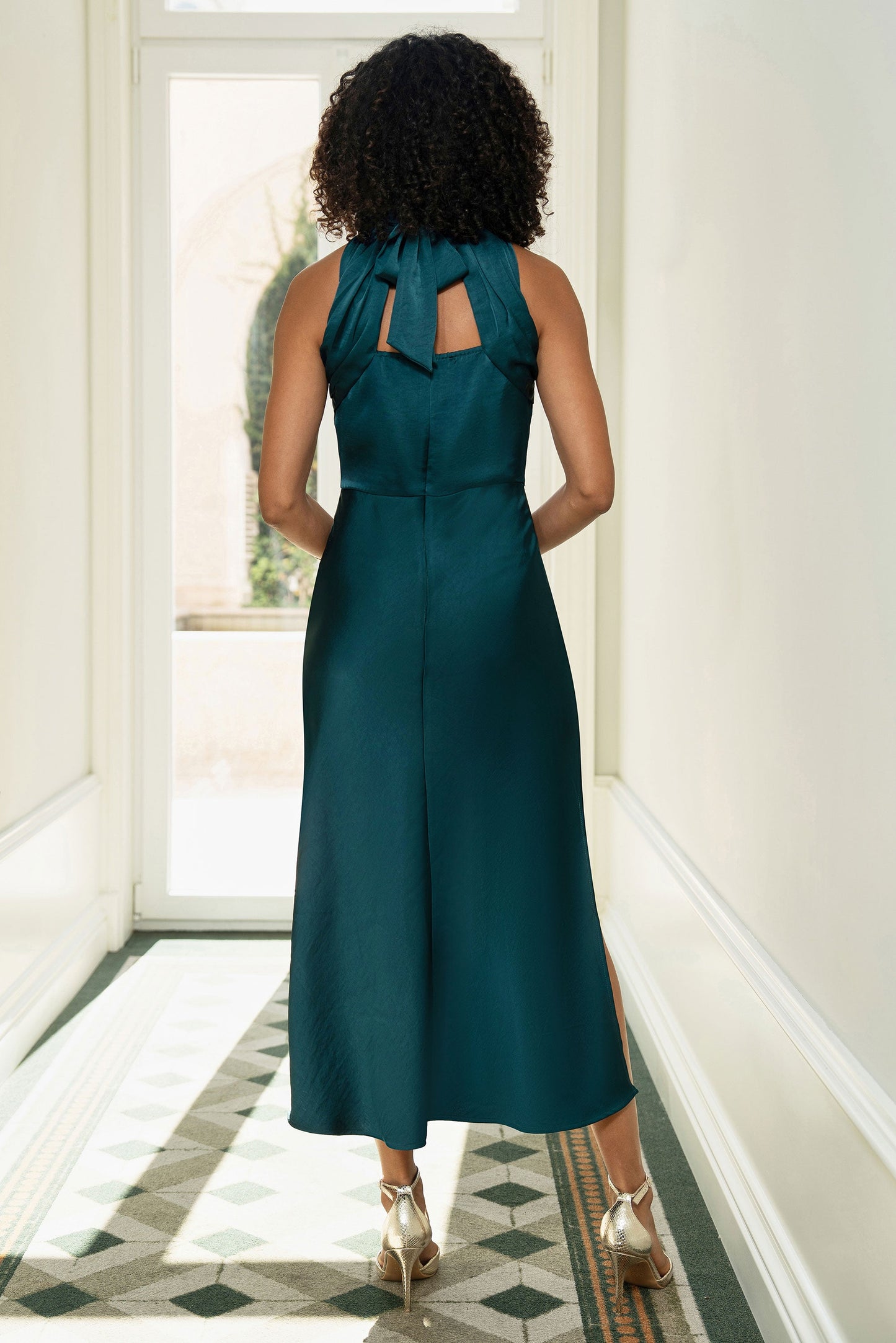 Green Satin Halter Neck Midi Dress
