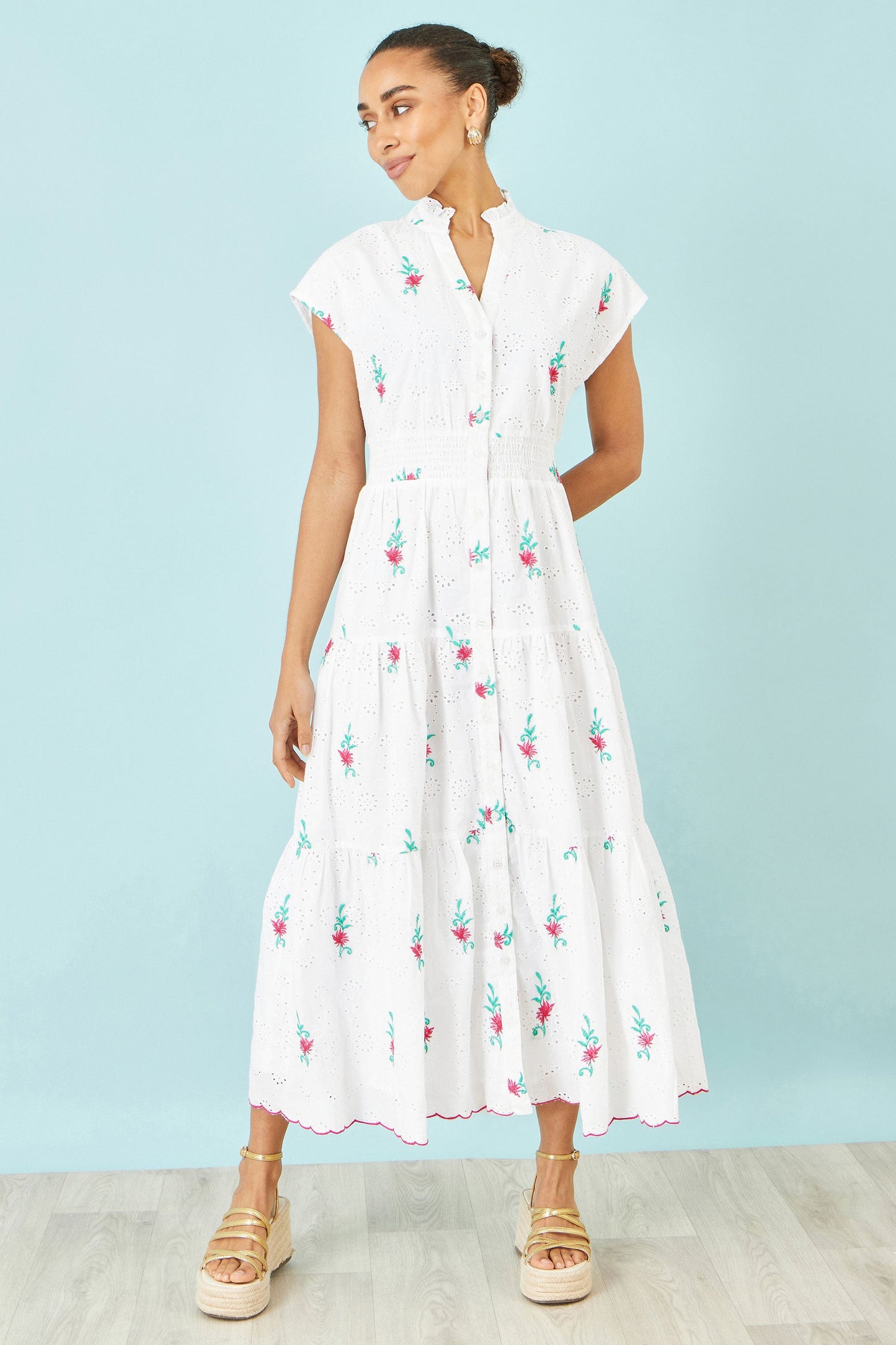White Cotton Broderie Anglaise Embroidered Midi Dress