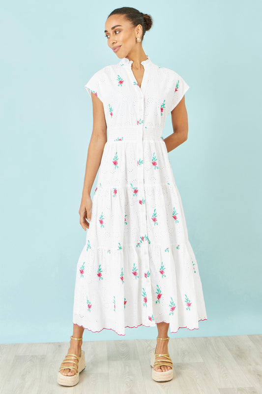 White Cotton Broderie Anglaise Embroidered Midi Dress