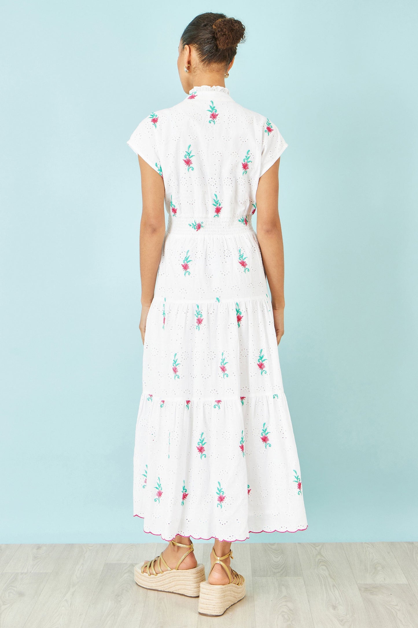 White Cotton Broderie Anglaise Embroidered Midi Dress