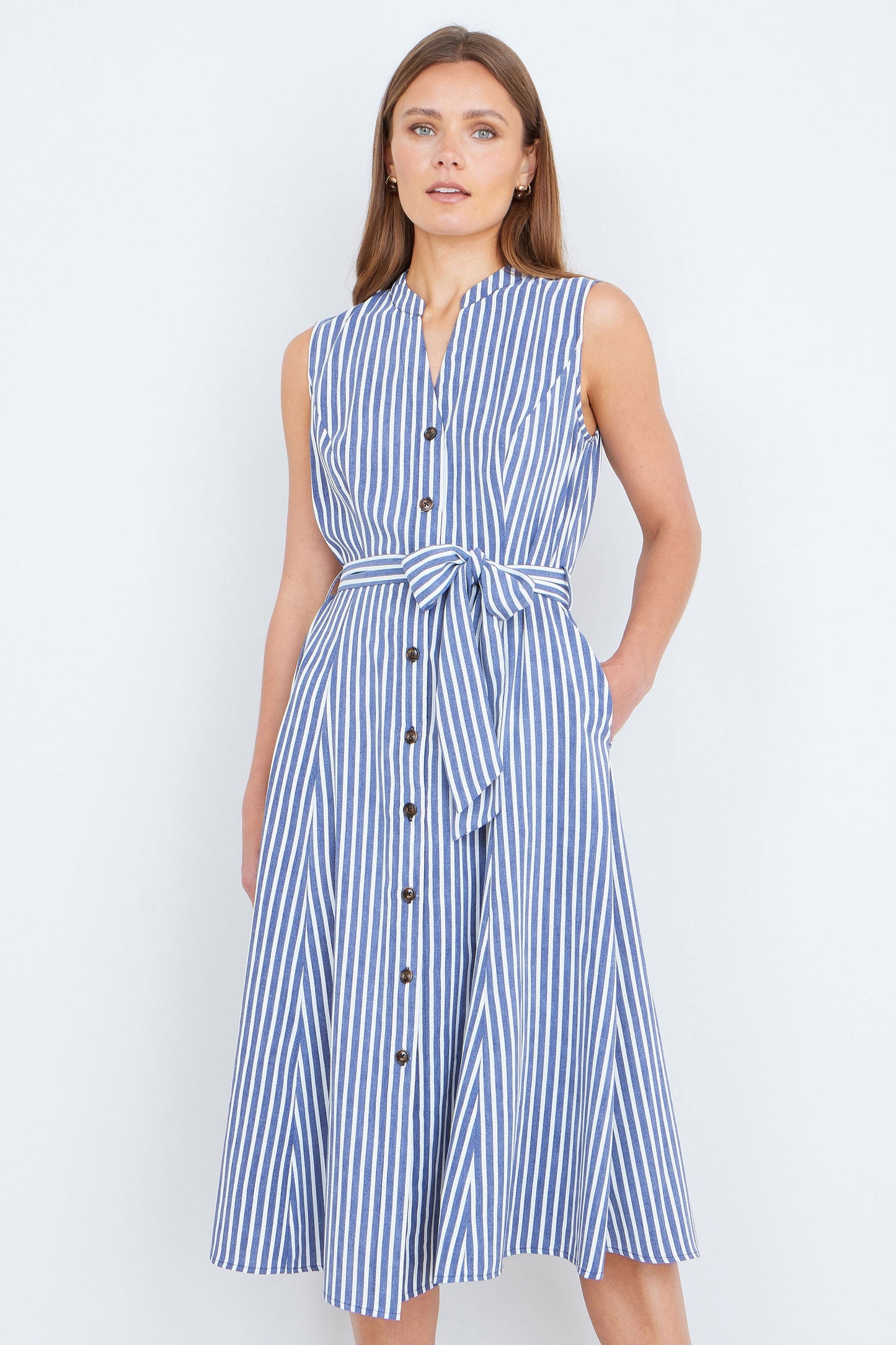 Navy and White Stripe Sleeveless Midi Dress