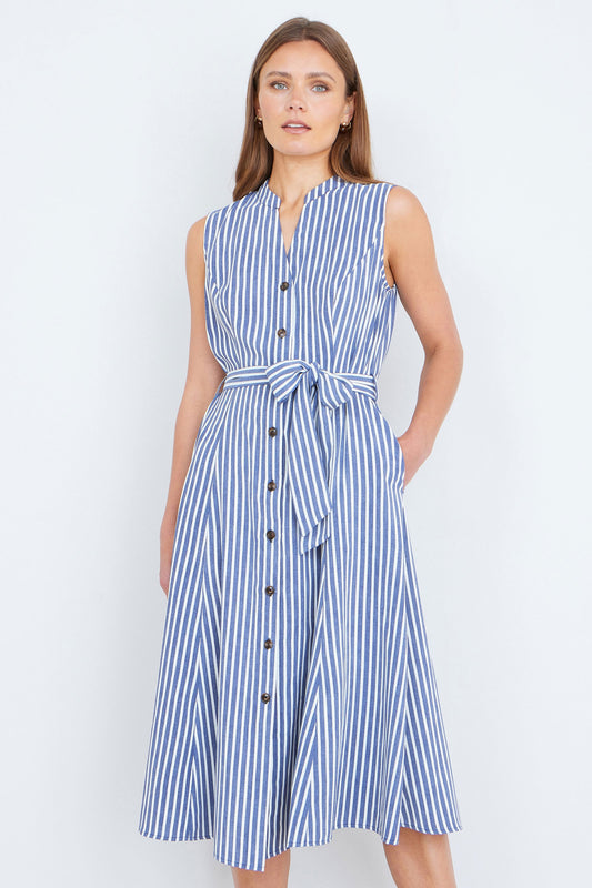 Navy and White Stripe Sleeveless Midi Dress