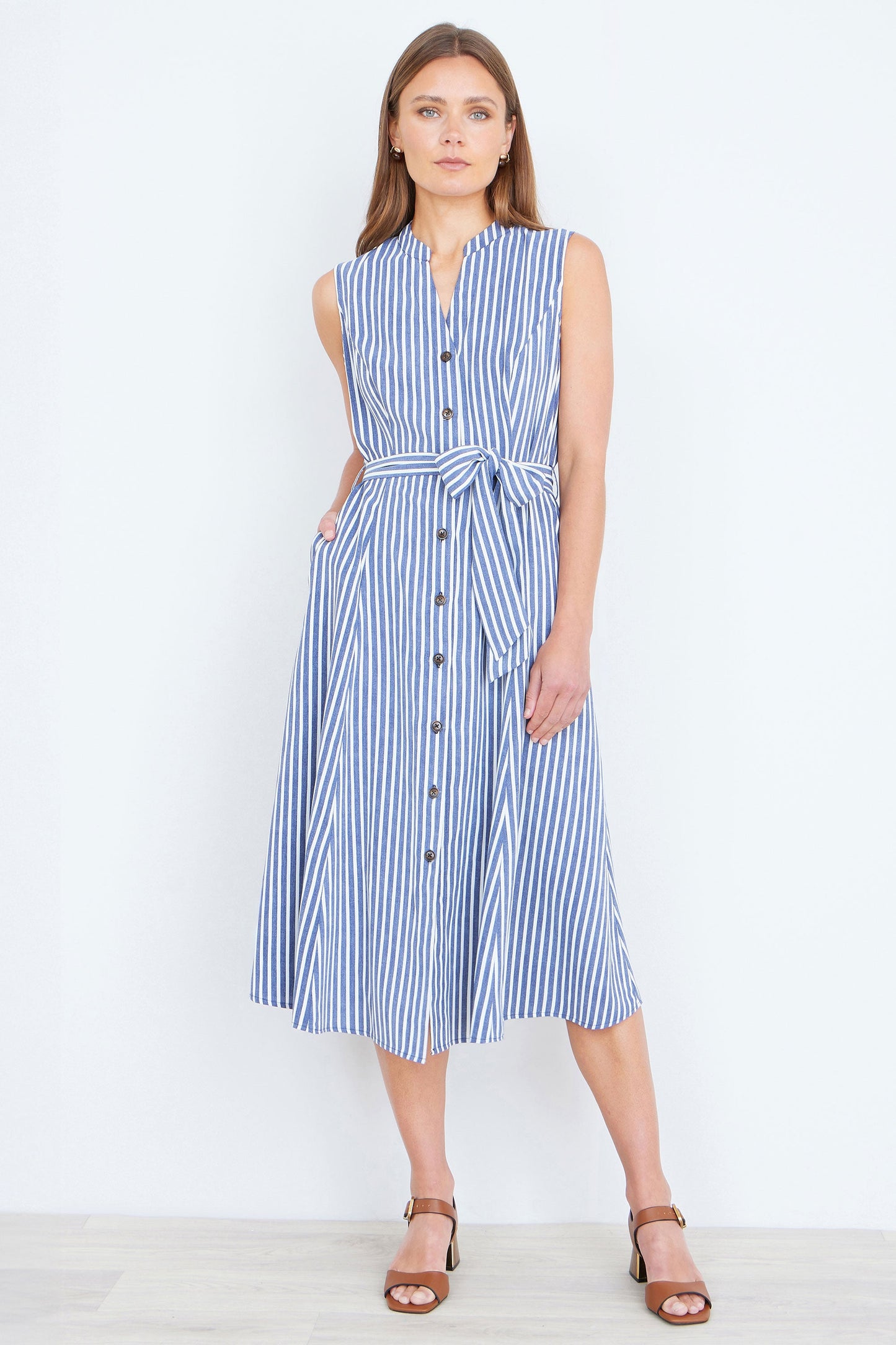 Navy and White Stripe Sleeveless Midi Dress