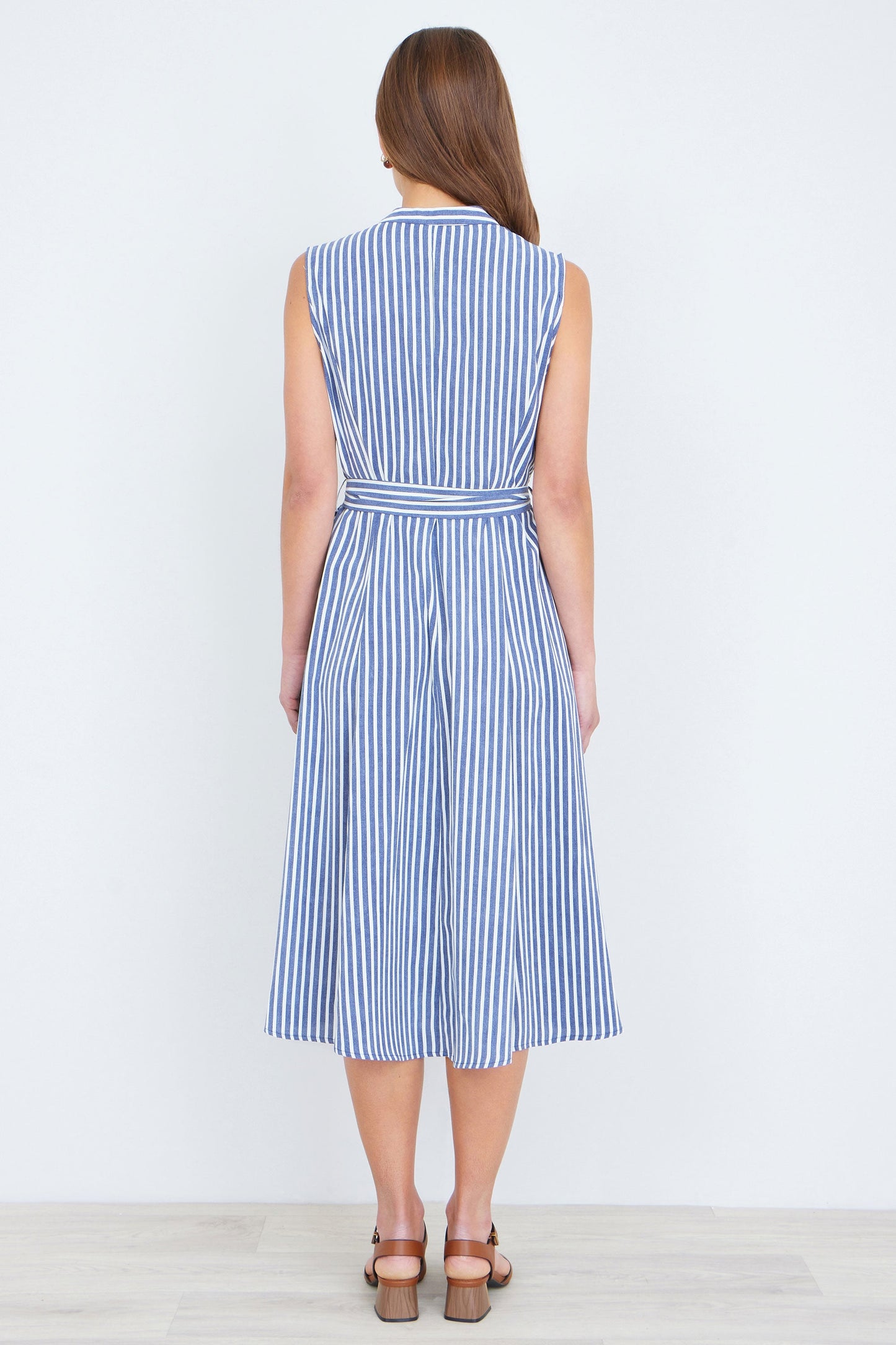 Navy and White Stripe Sleeveless Midi Dress