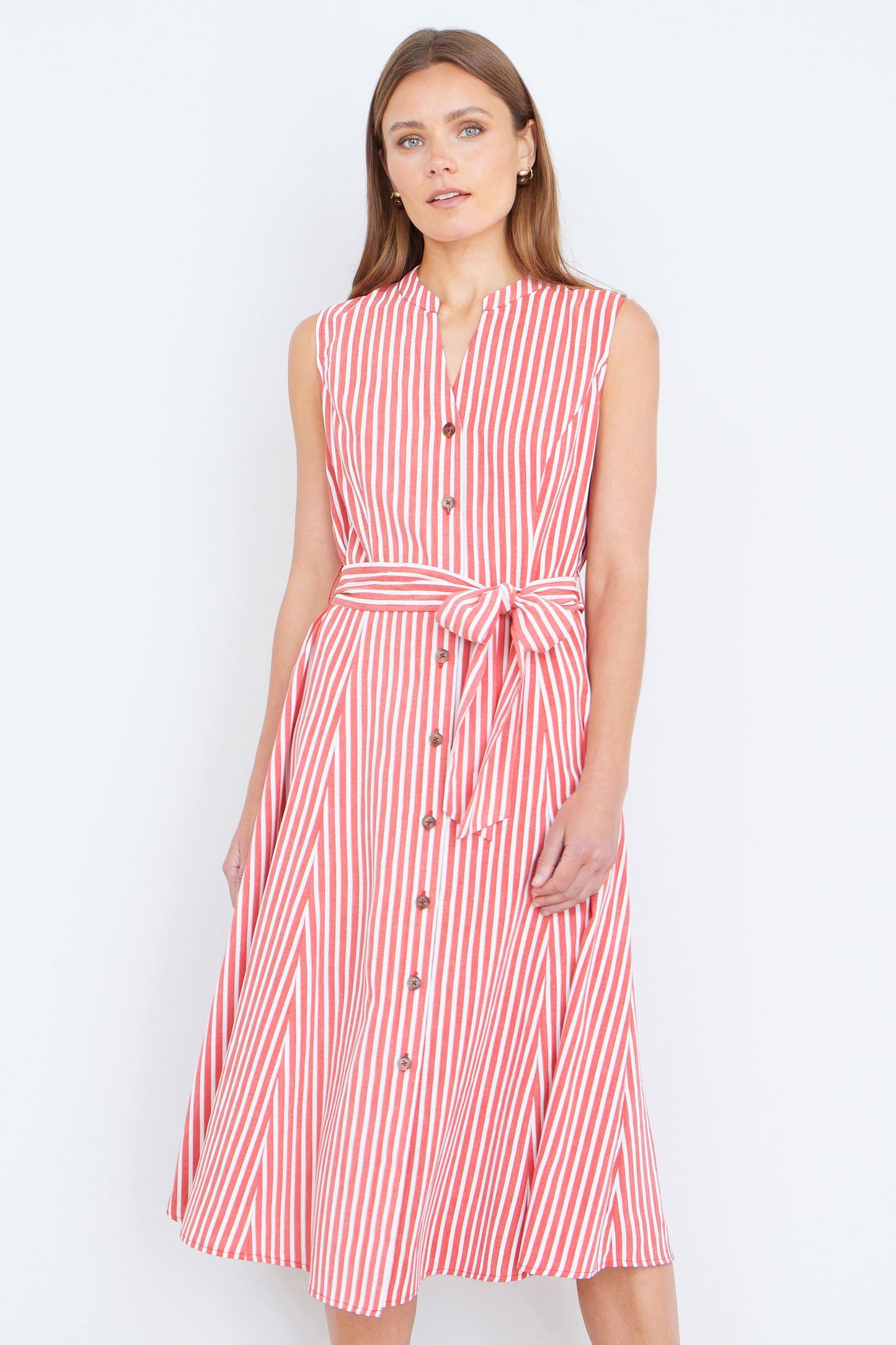 Red Stripe Midi Sleeveless Shirt Dress