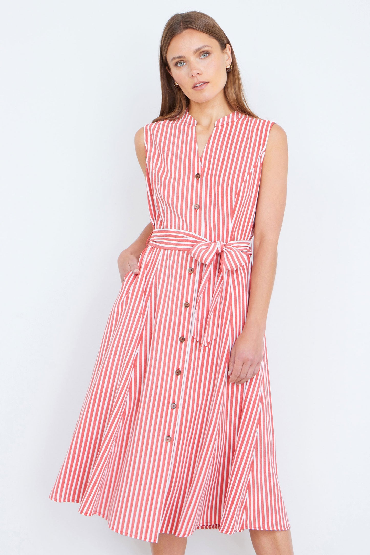 Red Stripe Midi Sleeveless Shirt Dress