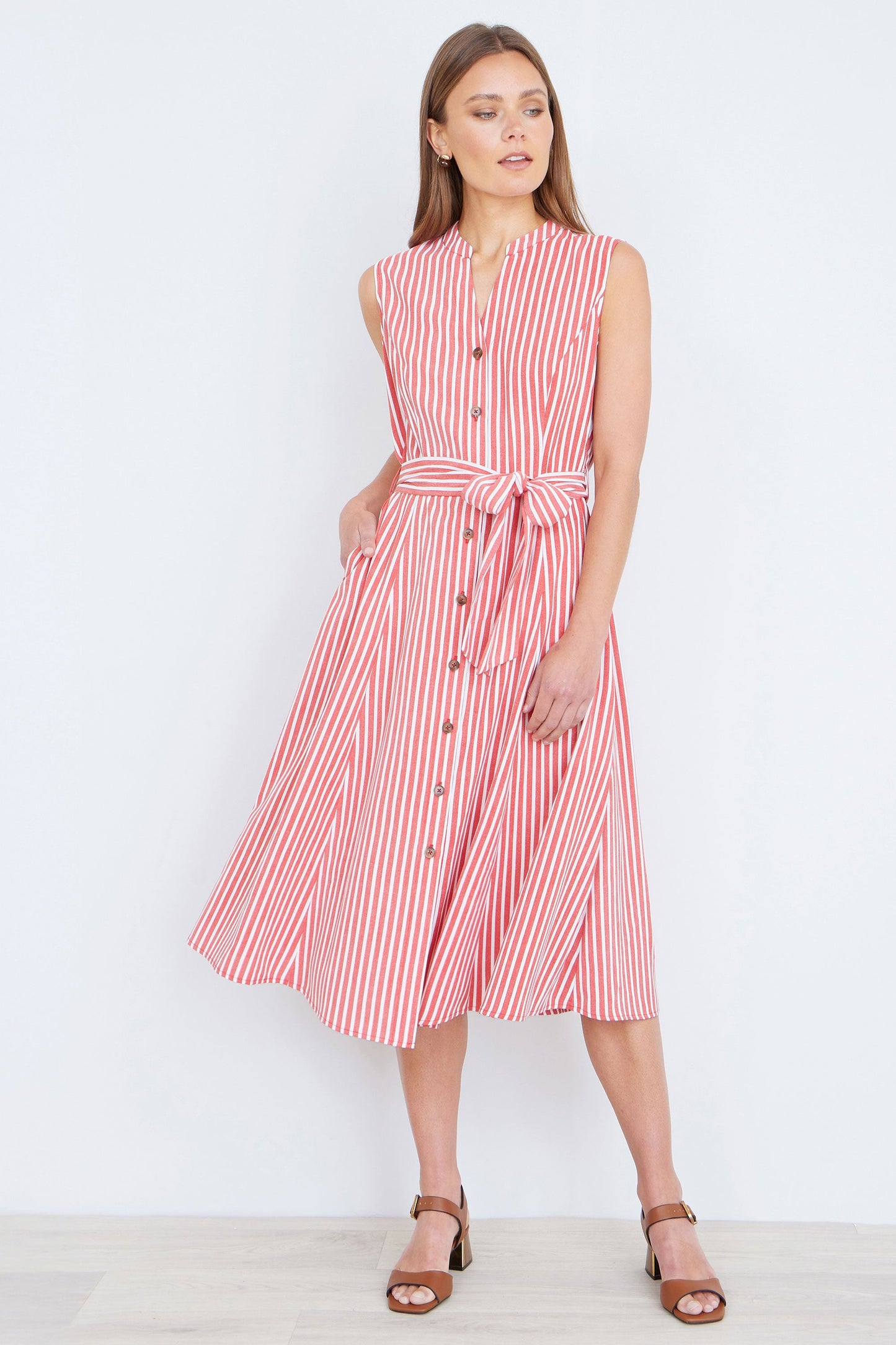 Red Stripe Midi Sleeveless Shirt Dress