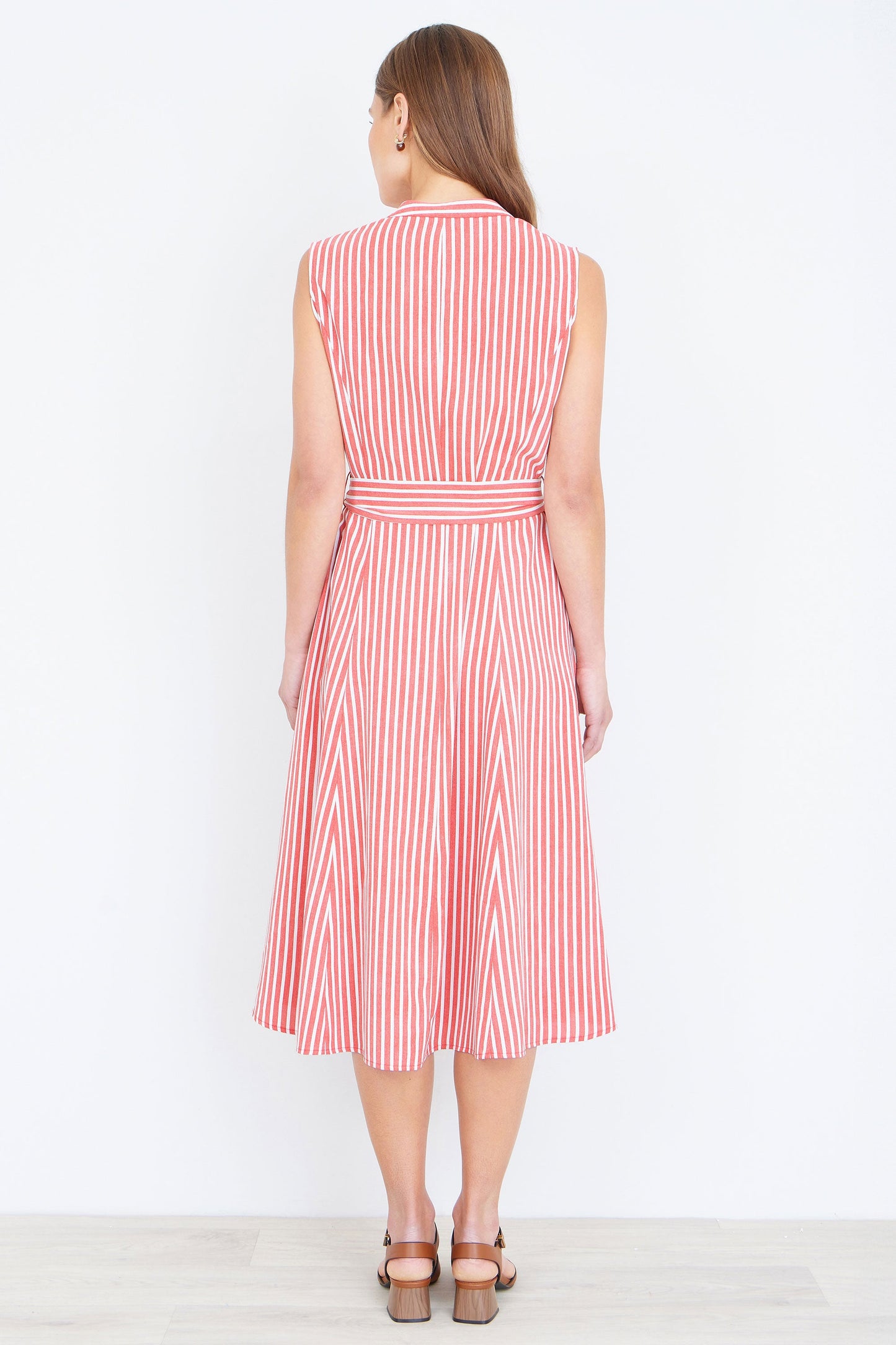 Red Stripe Midi Sleeveless Shirt Dress