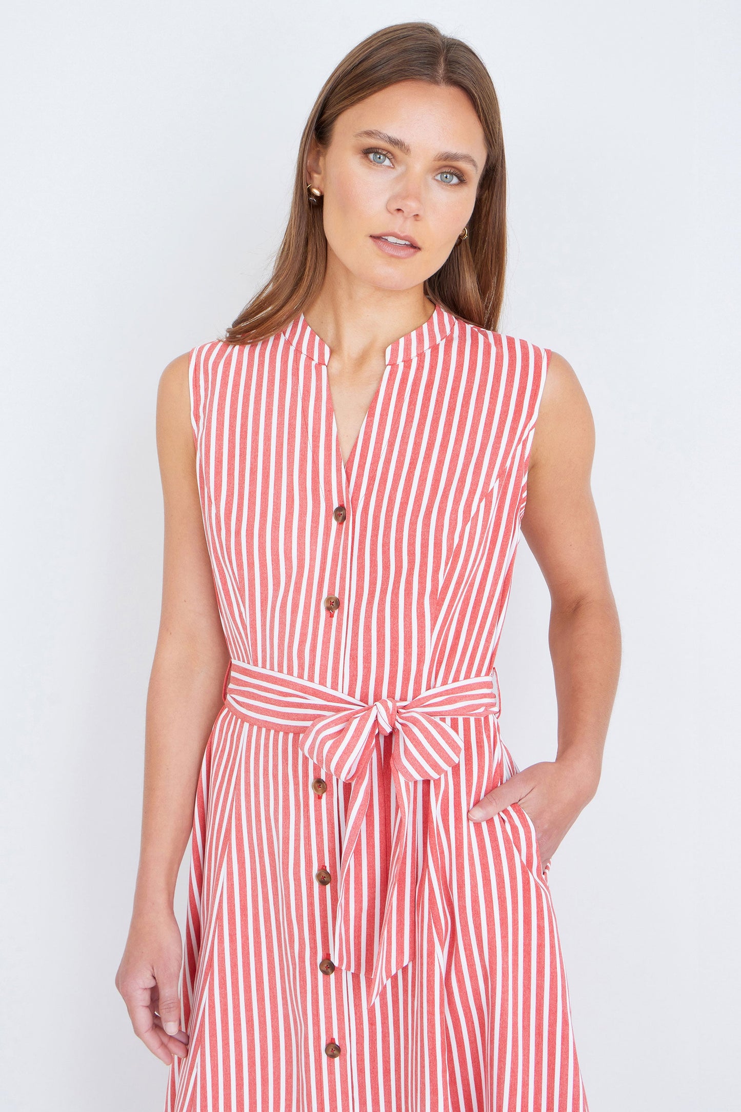 Red Stripe Midi Sleeveless Shirt Dress