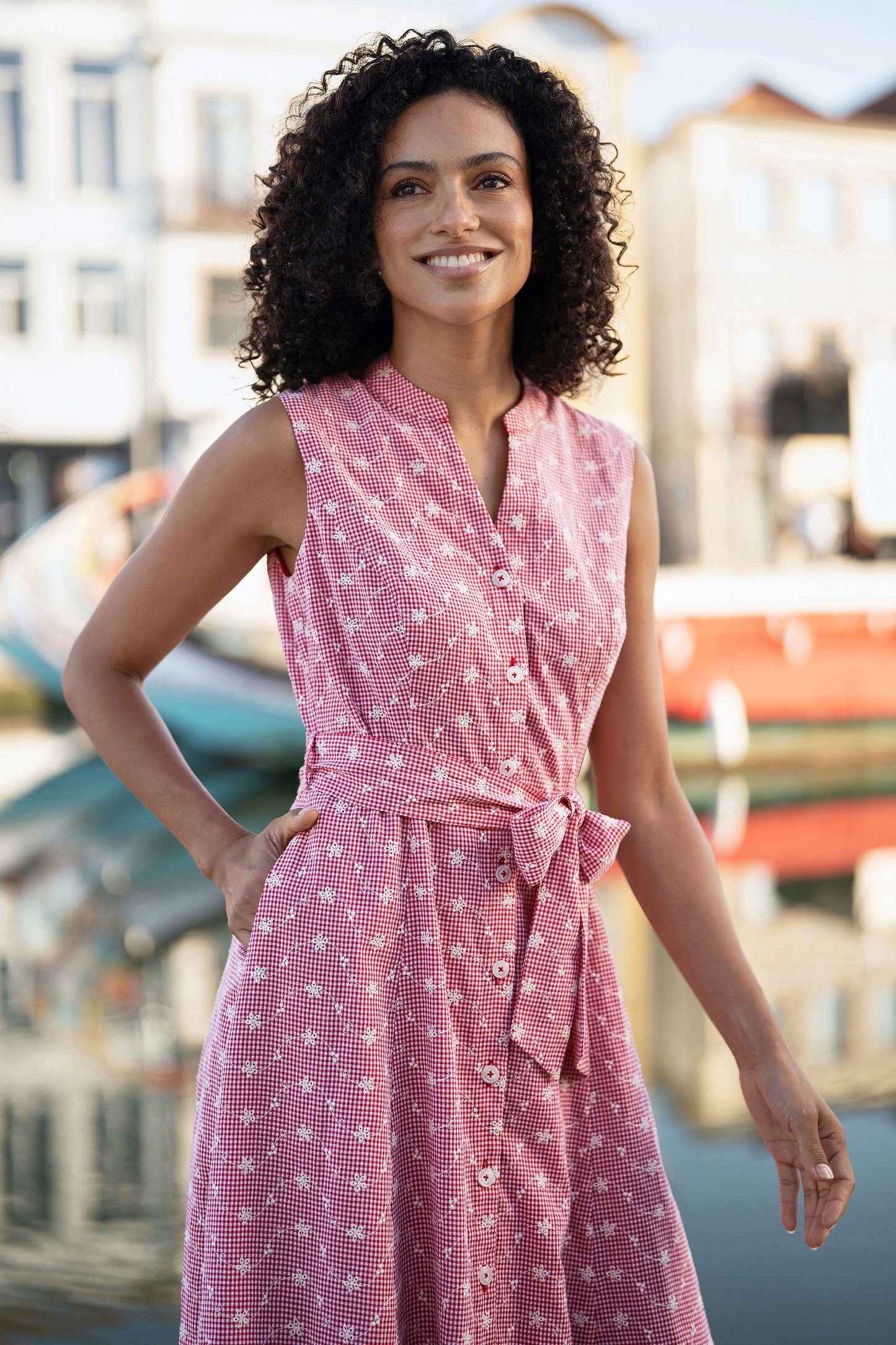 Red Broderie Anglaise Embroidered Sleeveless Shirt Dress