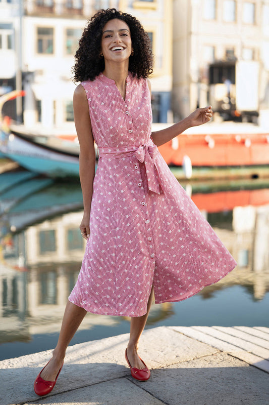 Red Broderie Anglaise Embroidered Sleeveless Shirt Dress