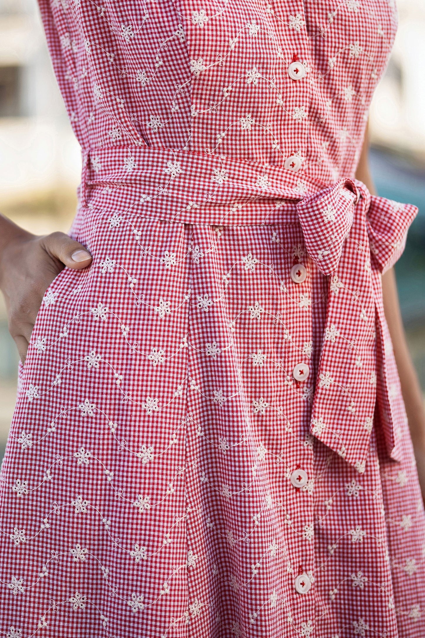 Red Broderie Anglaise Embroidered Sleeveless Shirt Dress