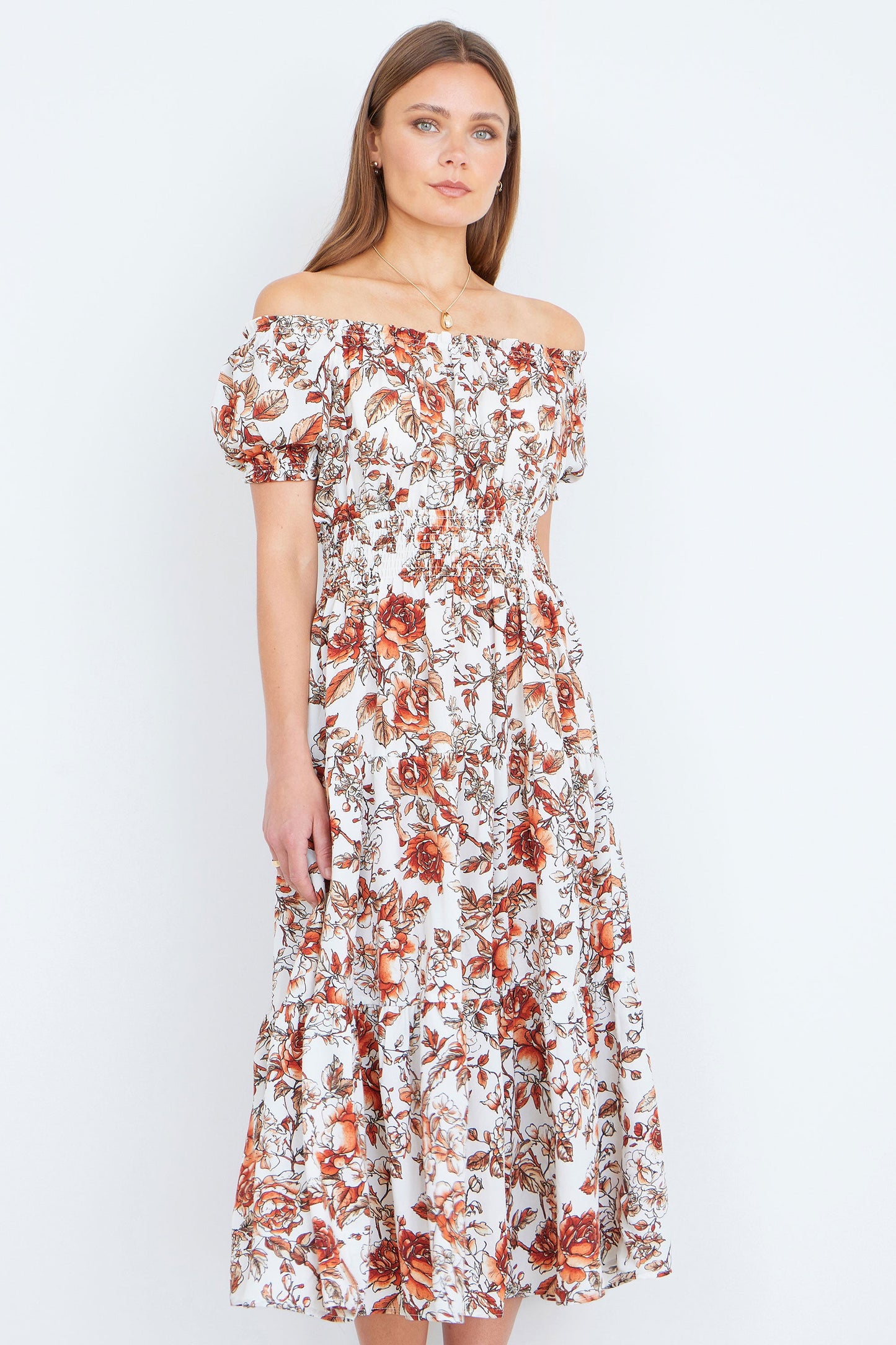 Orange Floral Ruched Waist Bardot Midi Dress