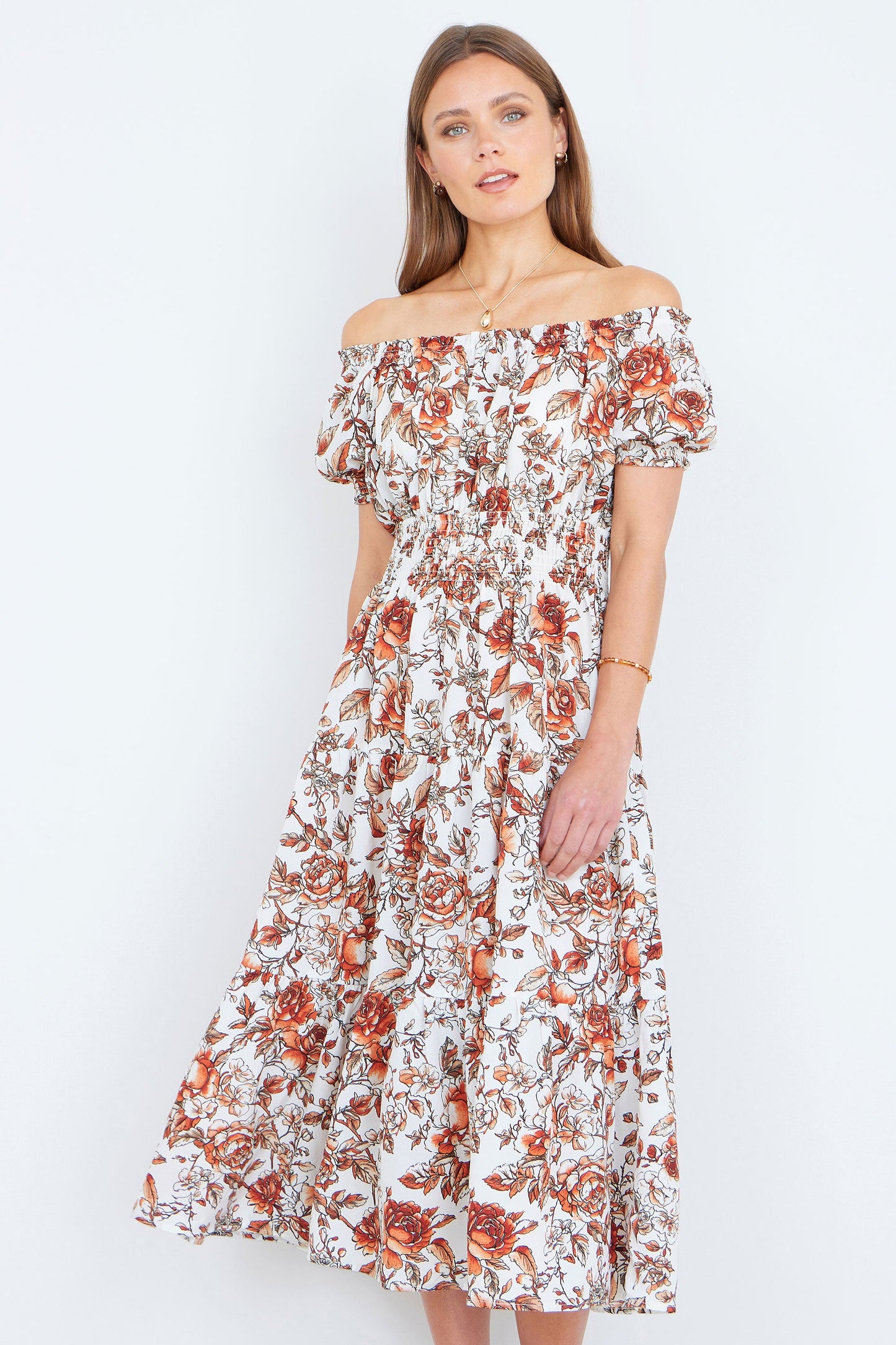 Orange Floral Ruched Waist Bardot Midi Dress