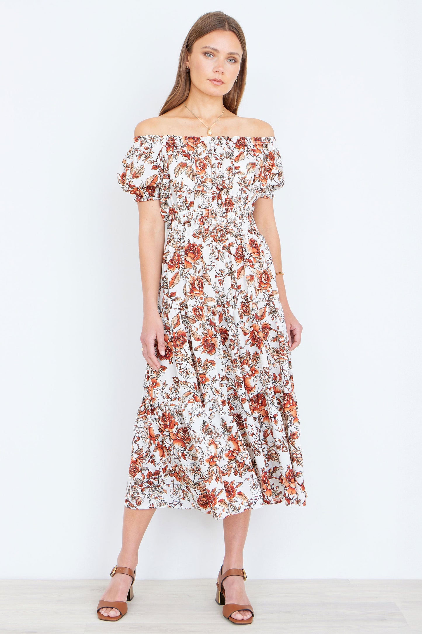Orange Floral Ruched Waist Bardot Midi Dress