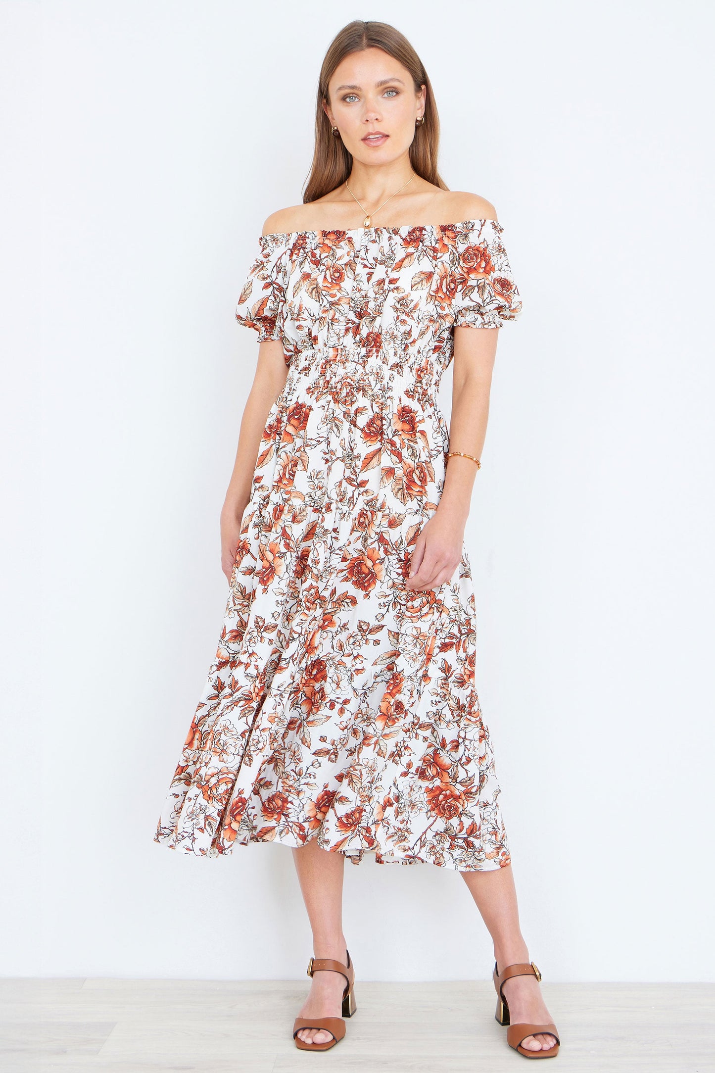 Orange Floral Ruched Waist Bardot Midi Dress
