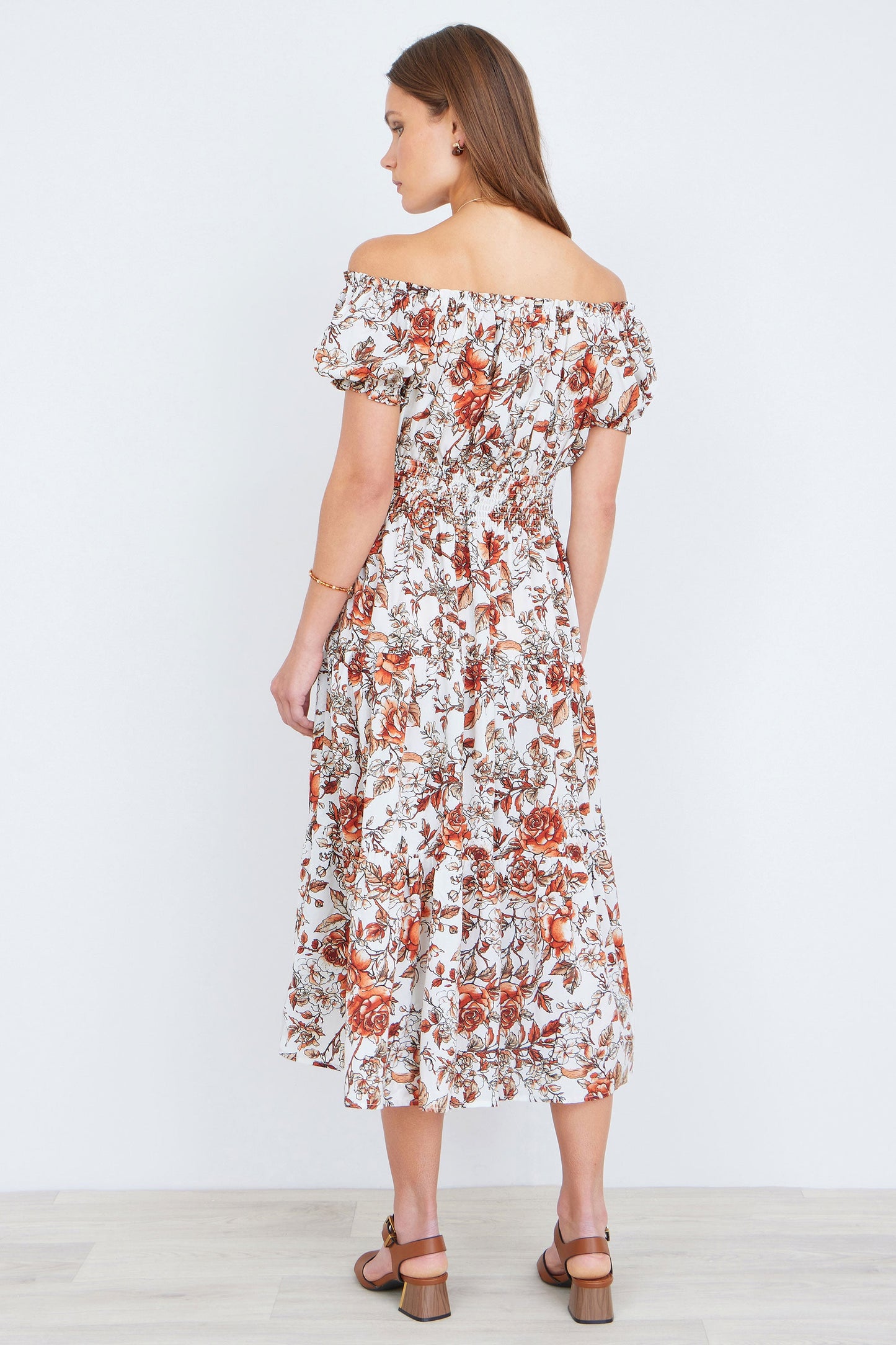 Orange Floral Ruched Waist Bardot Midi Dress