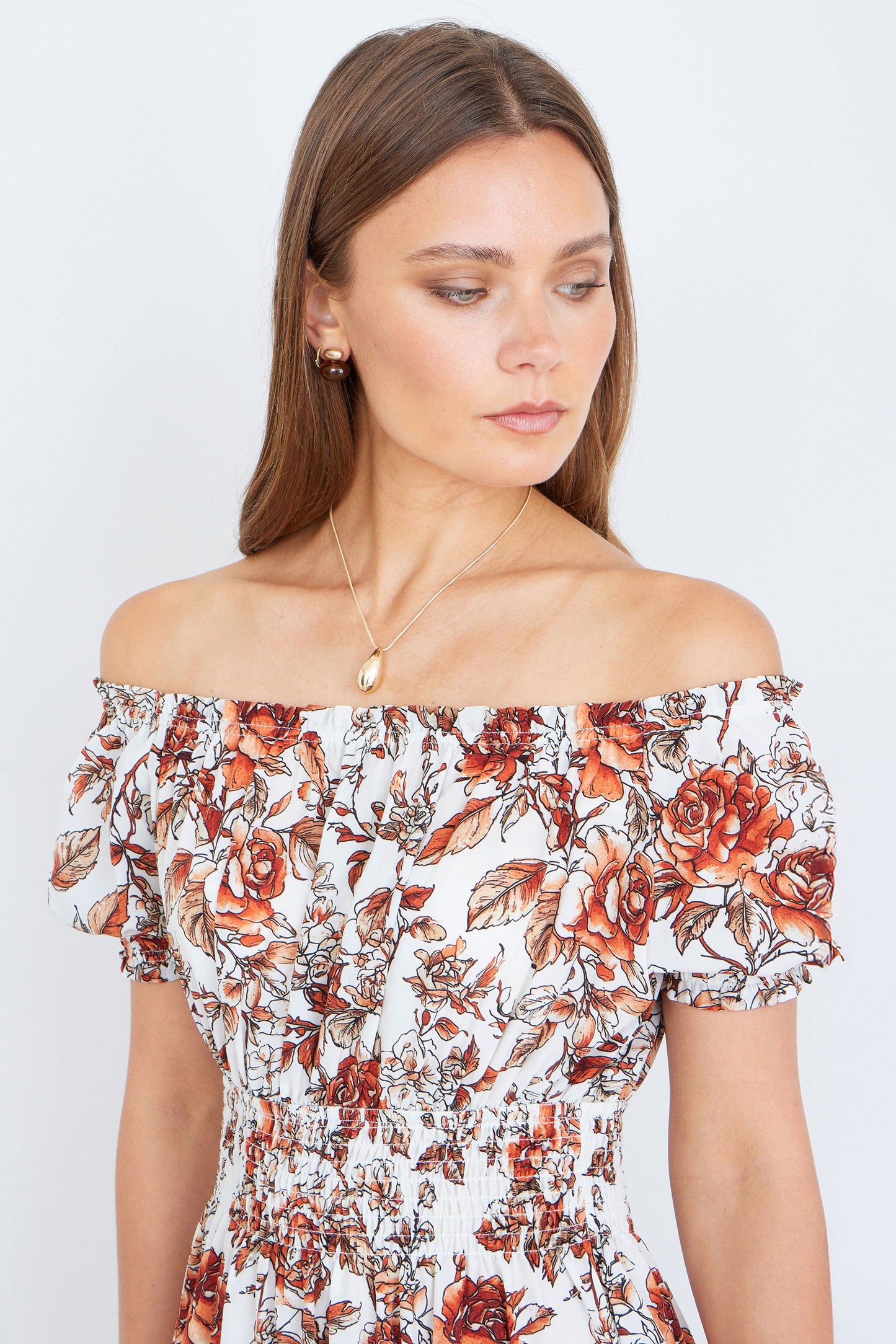Orange Floral Ruched Waist Bardot Midi Dress