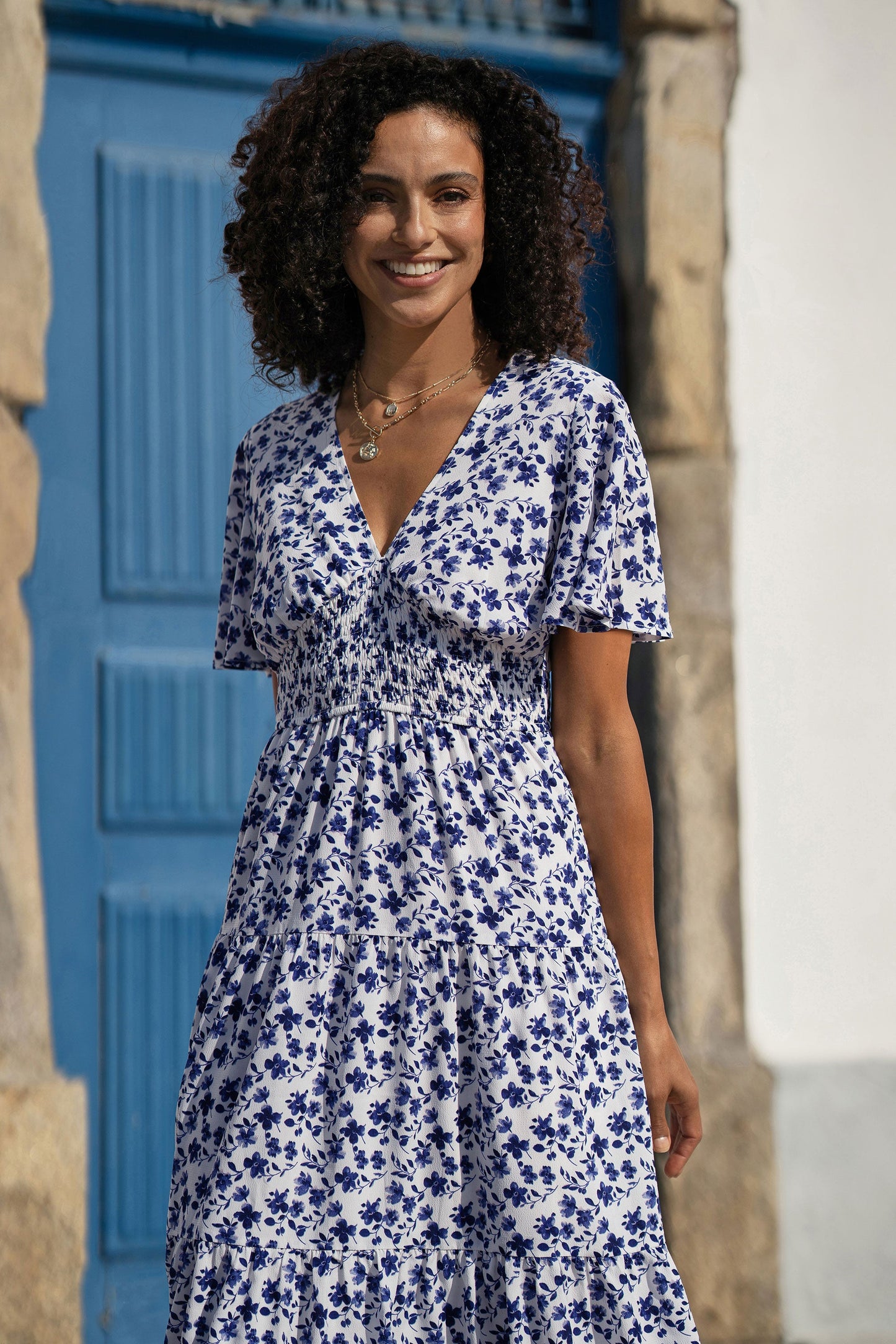 Blue Floral Ruched Waist Midi Dress With Angel Sleeves