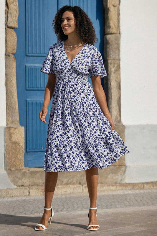 Blue Floral Ruched Waist Midi Dress With Angel Sleeves