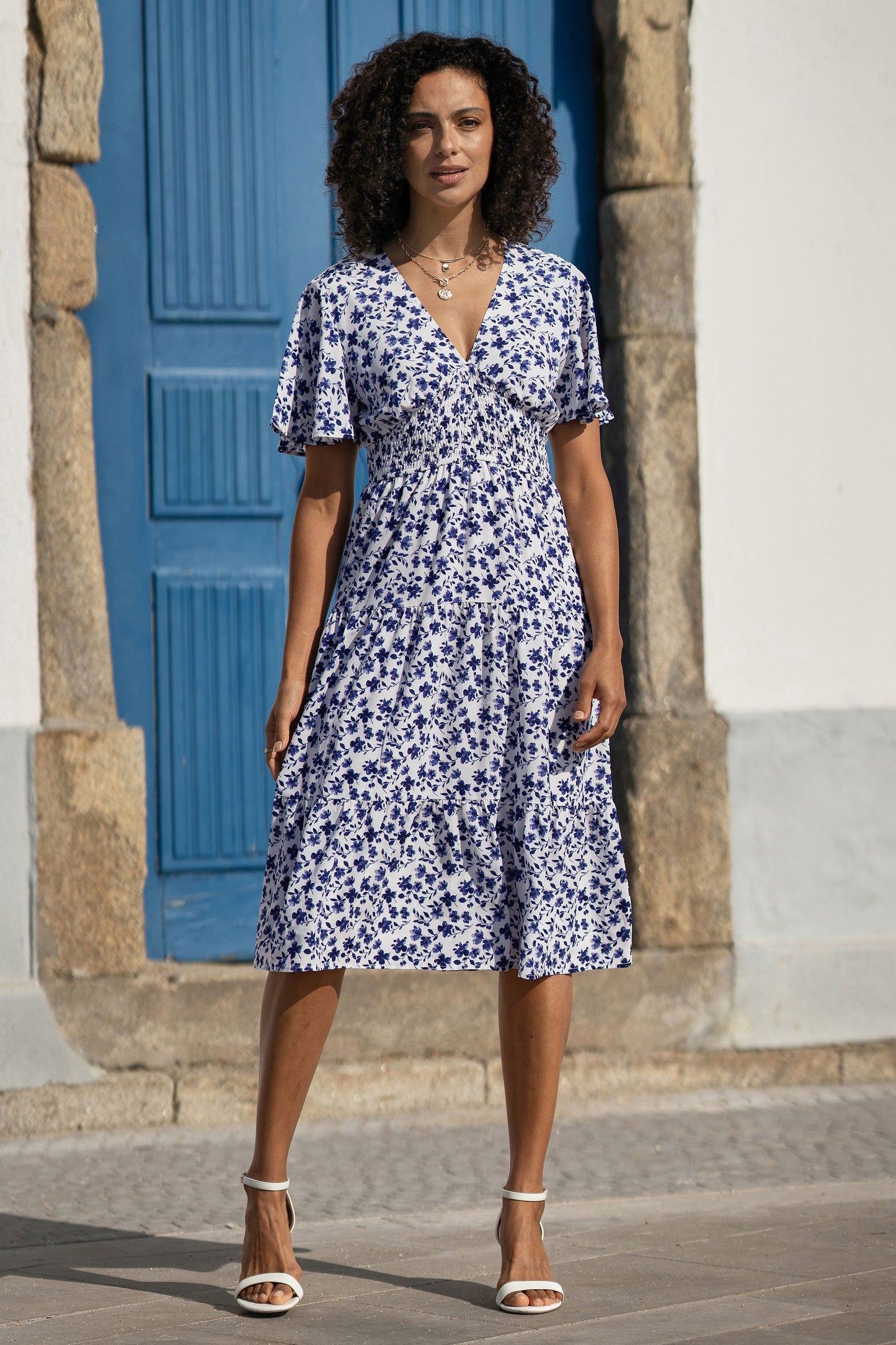 Blue Floral Ruched Waist Midi Dress With Angel Sleeves