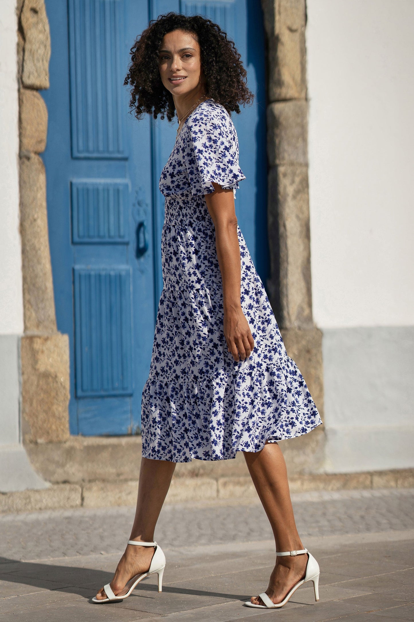 Blue Floral Ruched Waist Midi Dress With Angel Sleeves