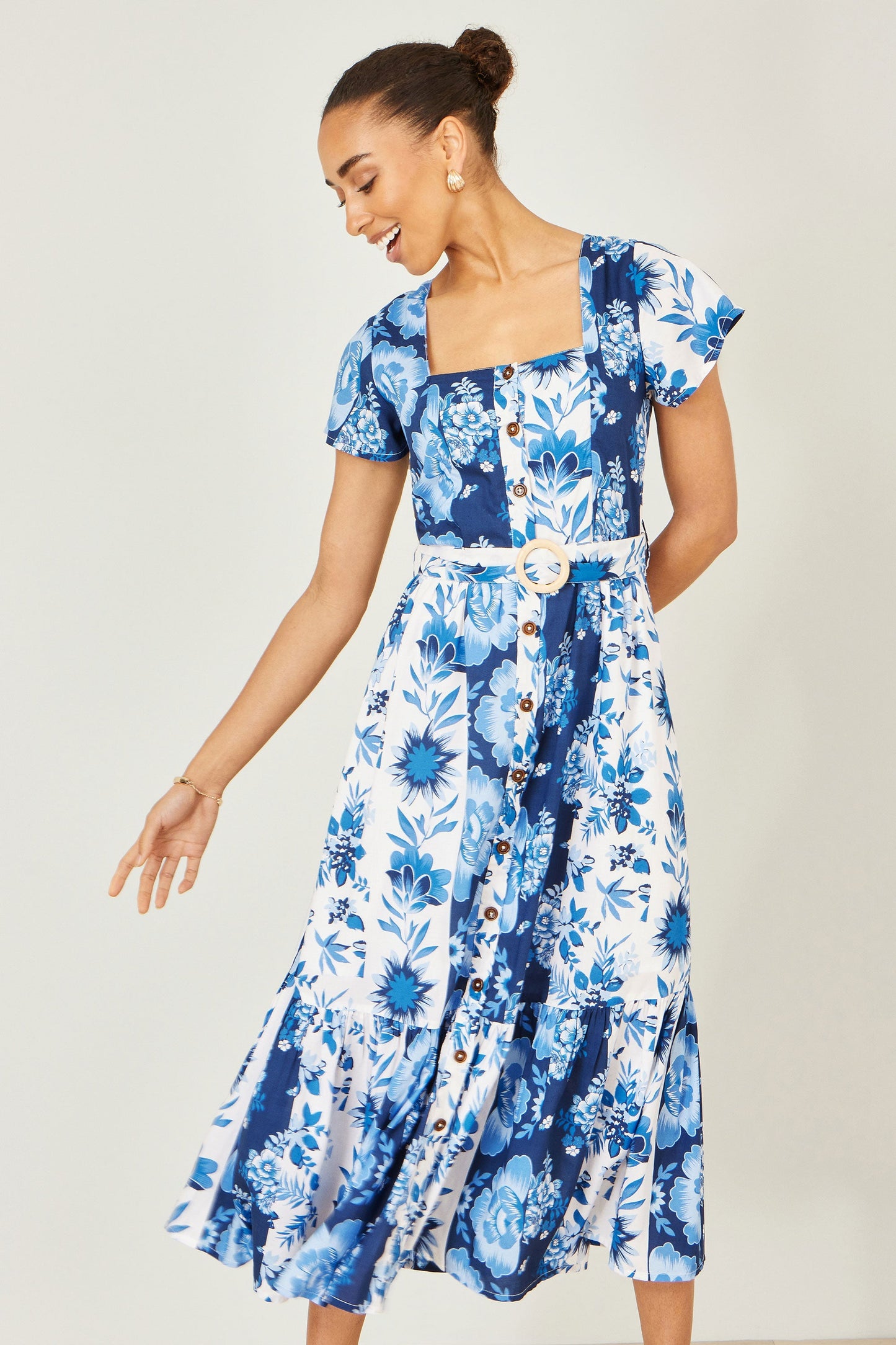 Blue Floral Viscose Midi Shirt Dress With Matching Belt