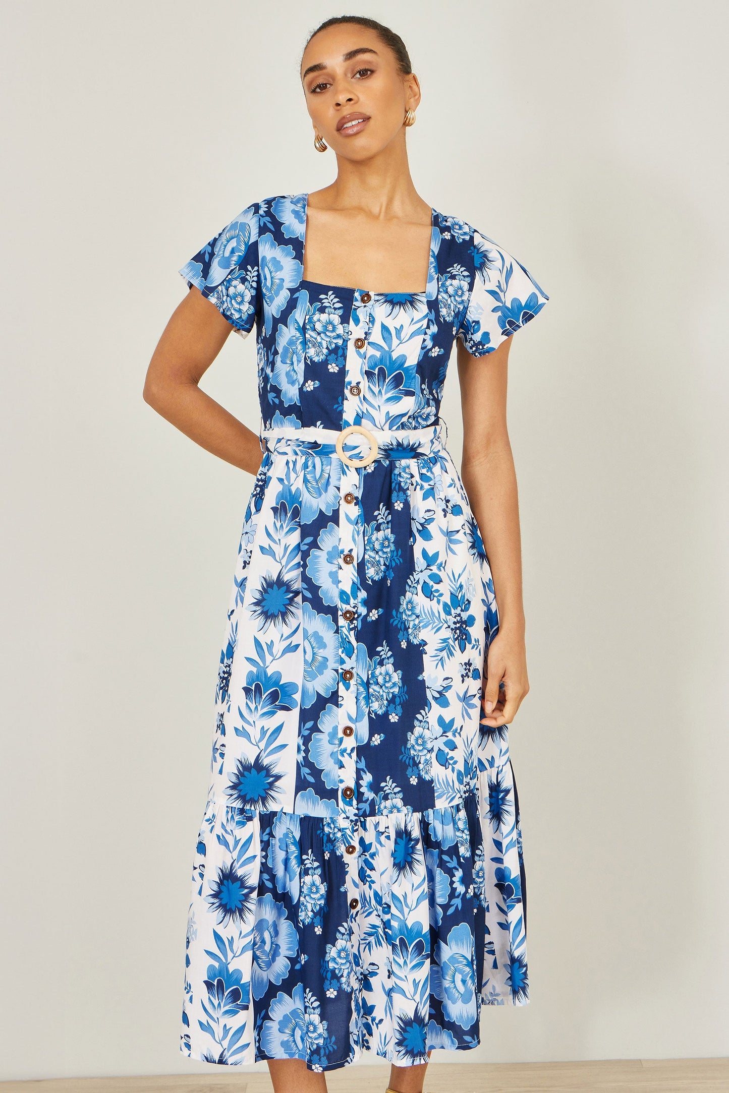 Blue Floral Viscose Midi Shirt Dress With Matching Belt