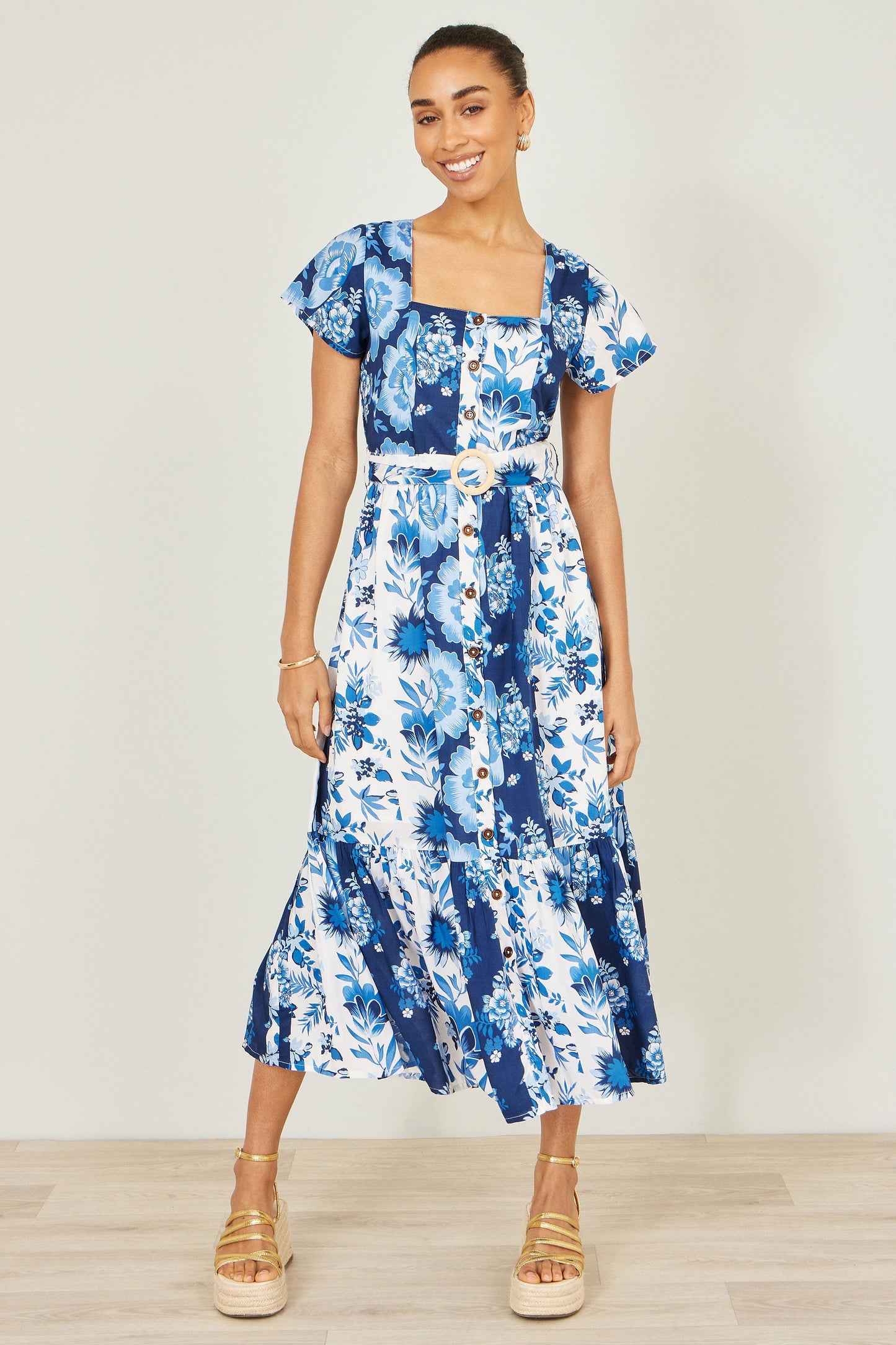 Blue Floral Viscose Midi Shirt Dress With Matching Belt