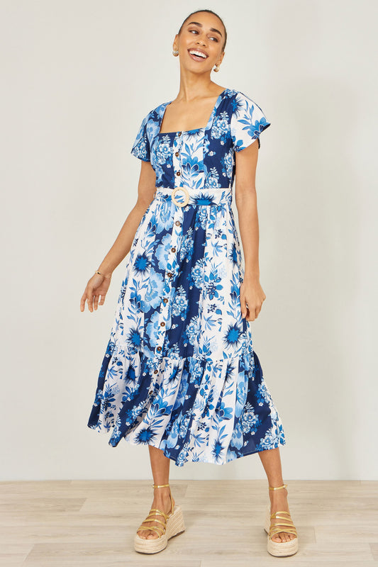 Blue Floral Viscose Midi Shirt Dress With Matching Belt